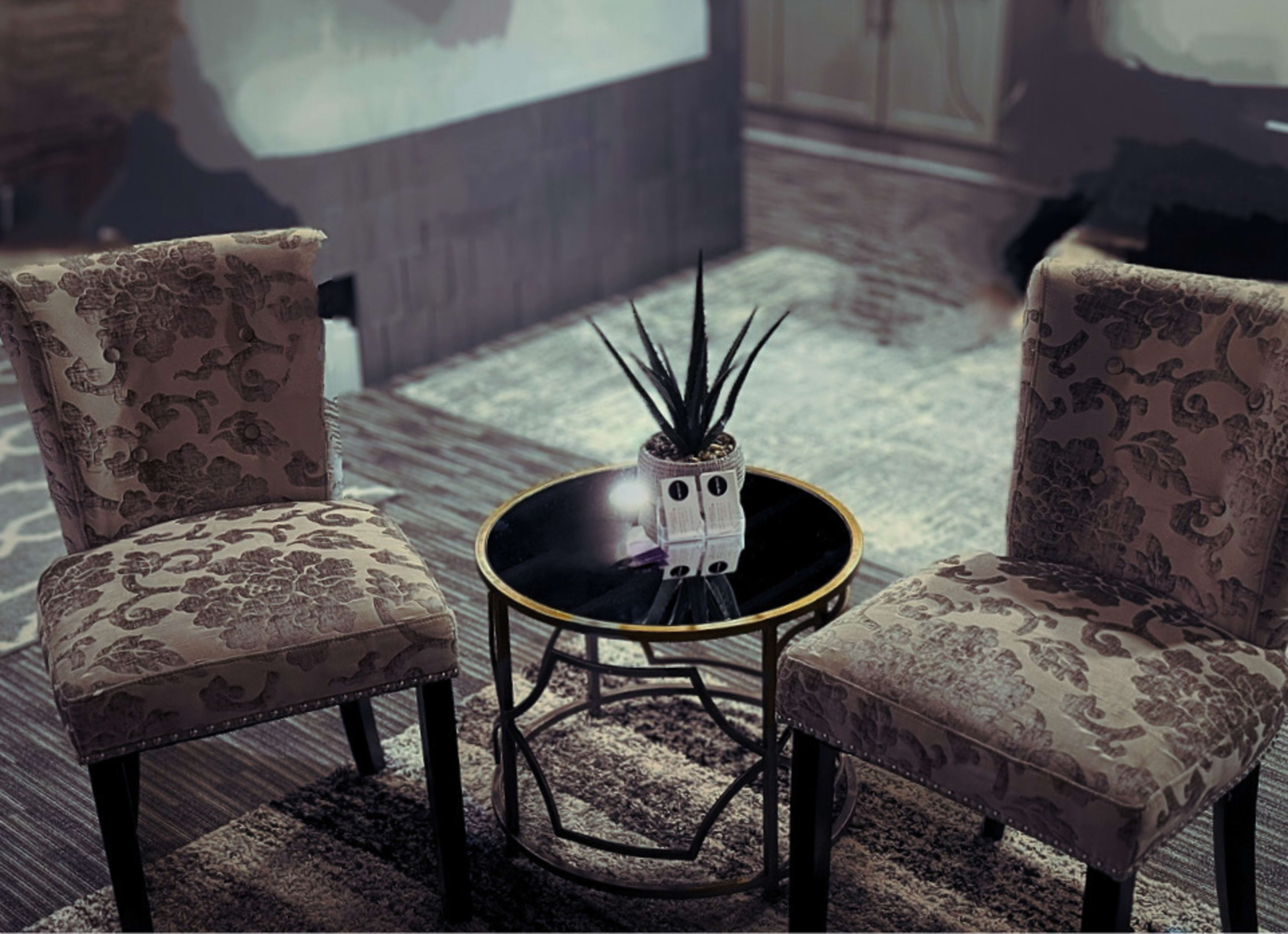 A small round table with a black surface sits between two upholstered chairs on a patterned rug, with a succulent plant in a white pot placed on the table.