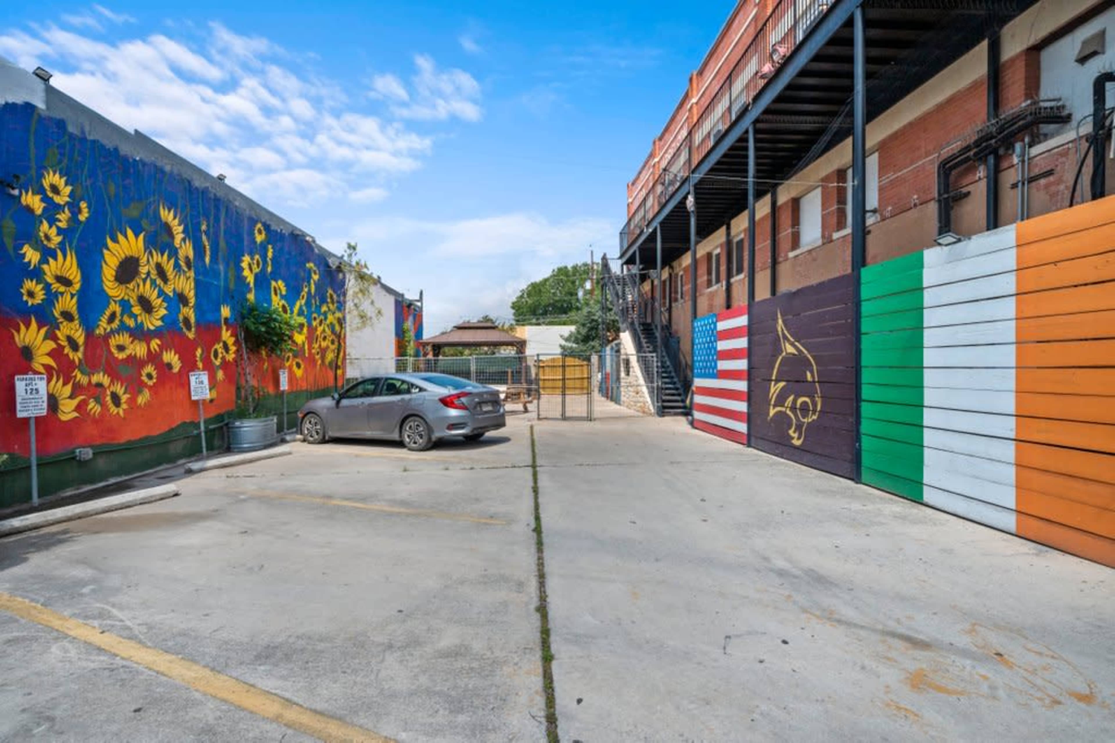 The image shows a narrow alleyway with colorful murals on both sides, featuring a sunflower painting, an American flag, and the Irish flag, while a gray car is parked in the foreground.