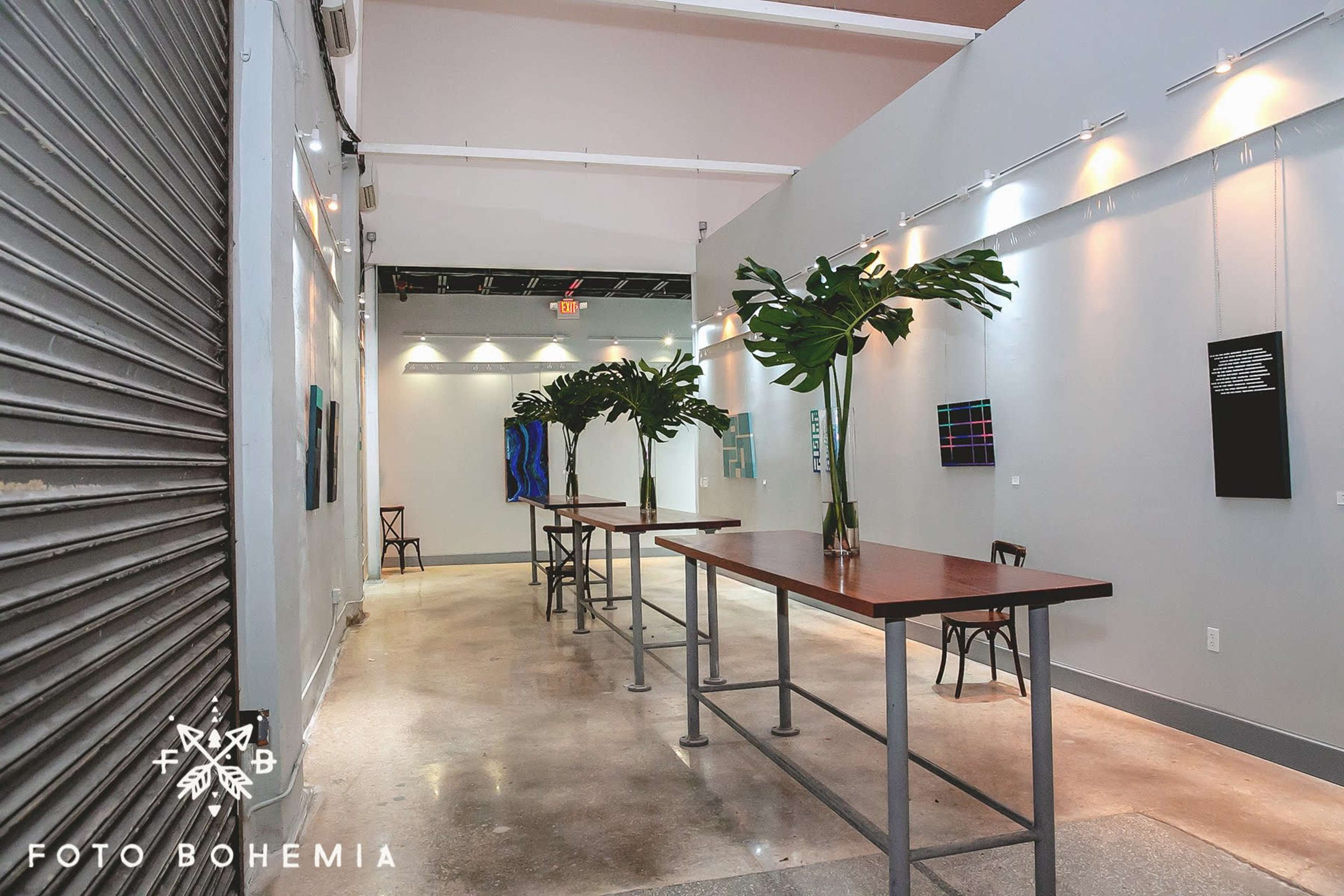 A contemporary art gallery featuring tall tables with large green plants along the walls, and artwork displayed in various frames.