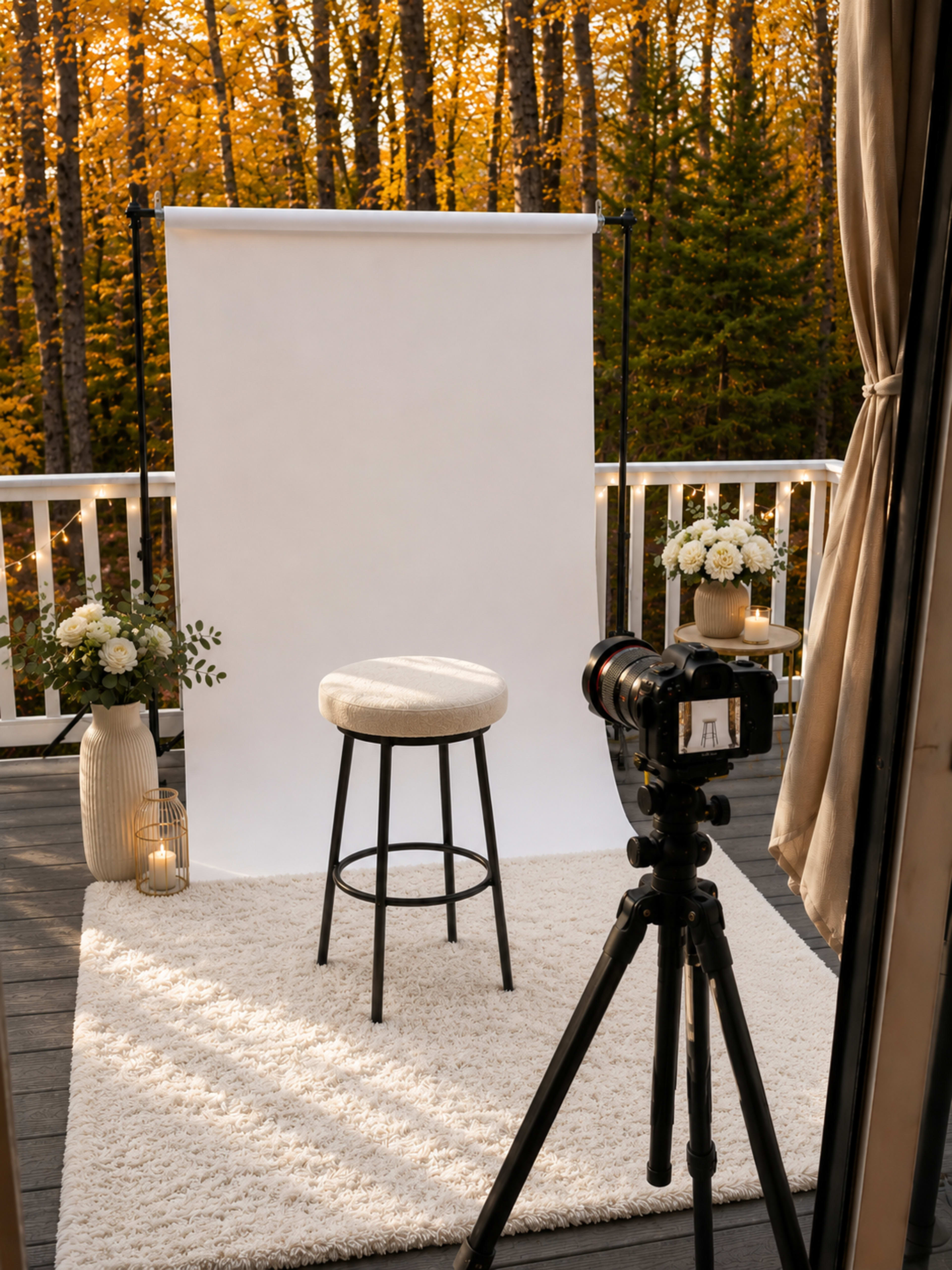 A photography setup features a white backdrop, a stool, and a camera on a tripod, surrounded by decorative vases and plants on a deck with autumn foliage in the background.