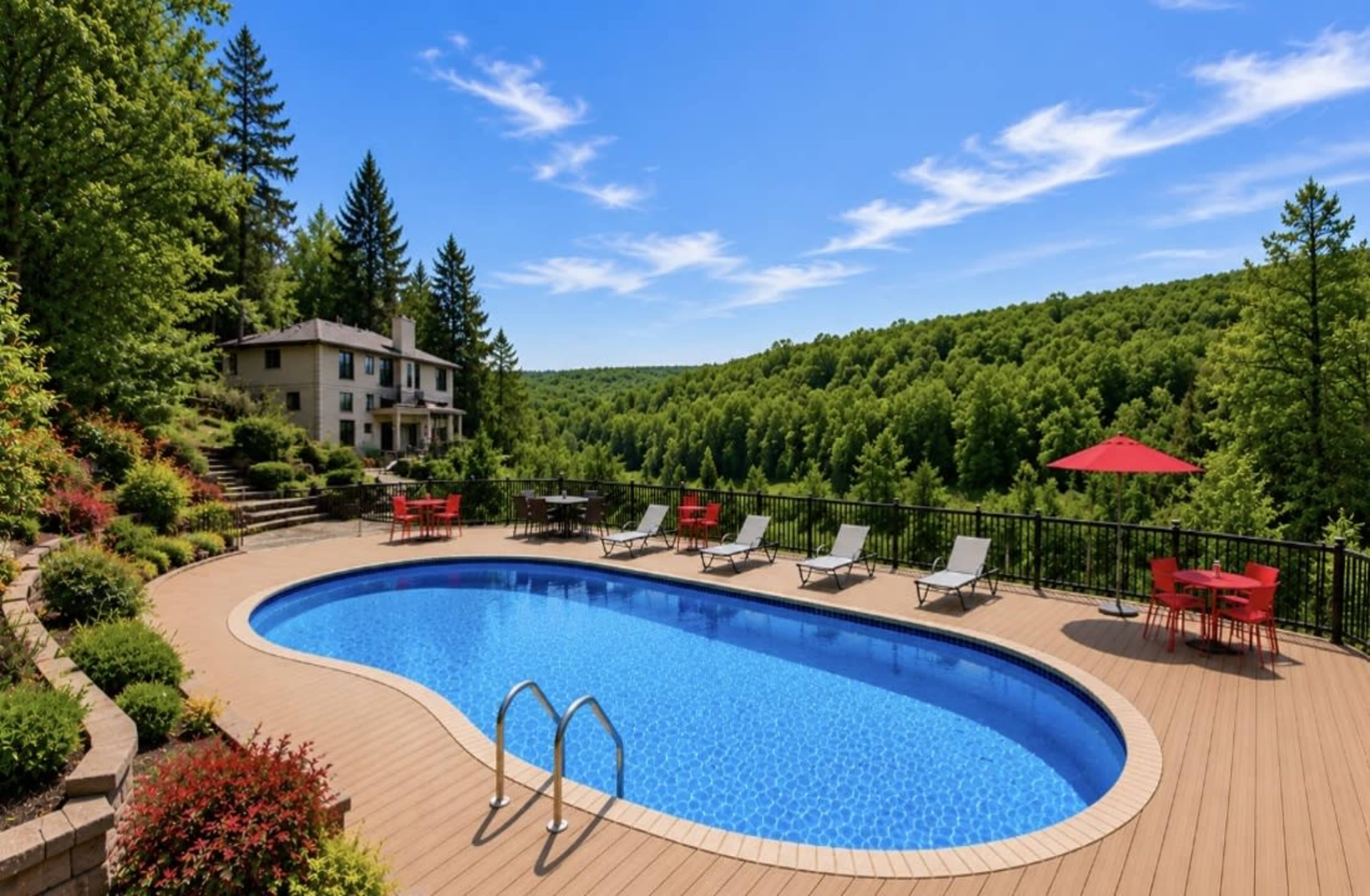 The image shows a swimming pool surrounded by lounge chairs and outdoor seating, with a house and green hillside in the background under a clear blue sky.