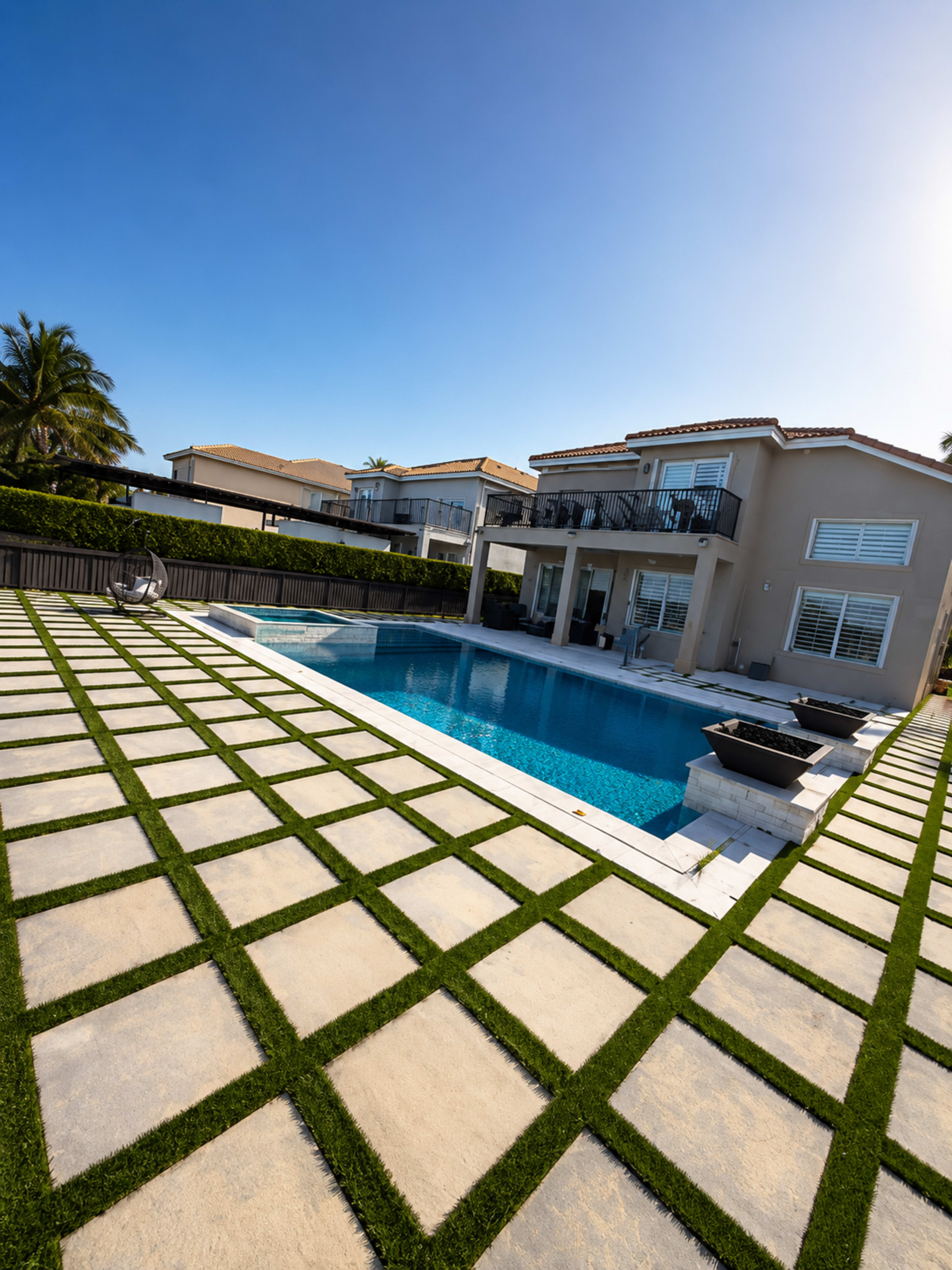 A spacious backyard features a rectangular swimming pool bordered by a geometric stone and grass pathway, with a modern house nestled in the background.