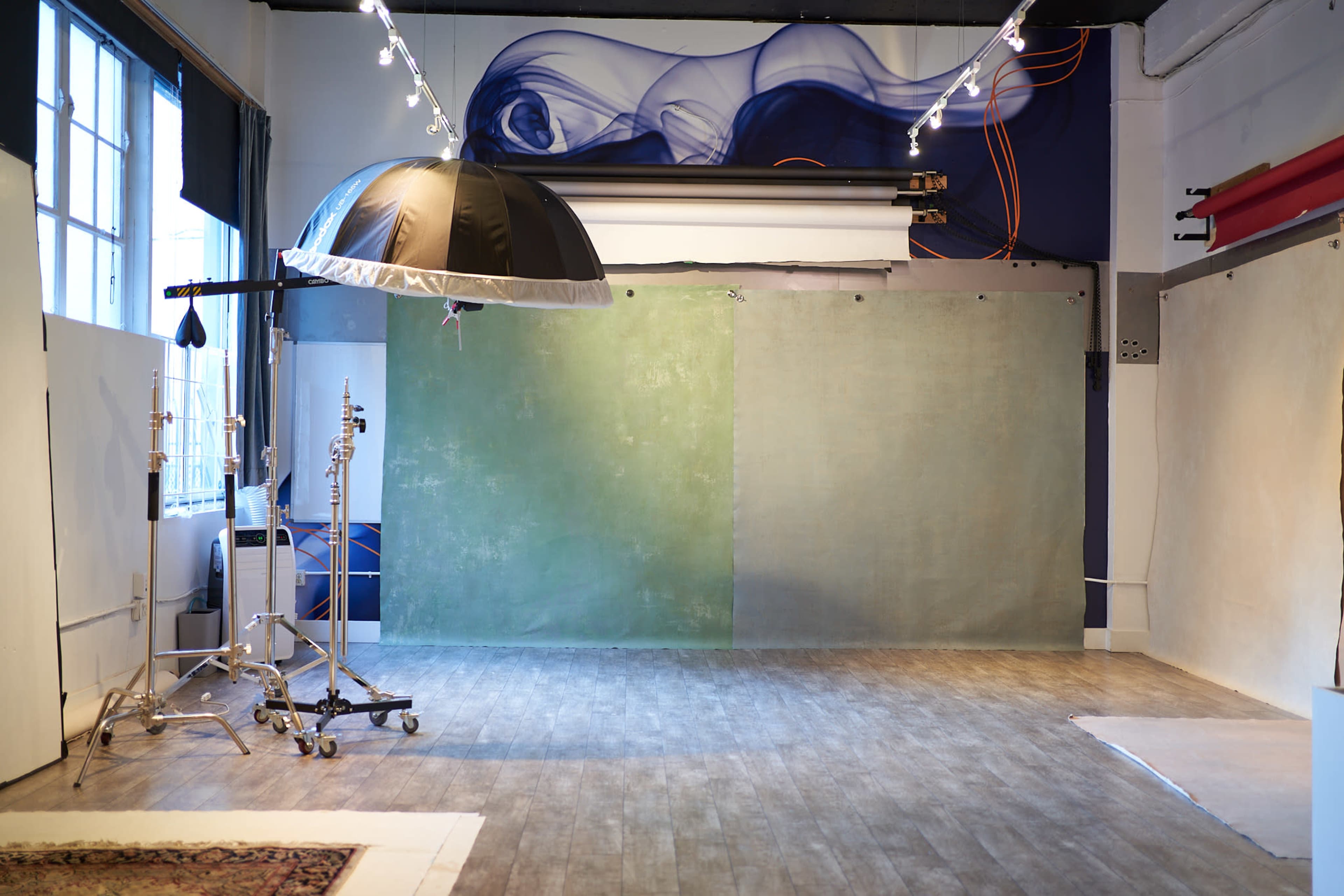 The image shows a photography studio with green and neutral backdrops, a large overhead umbrella light, and studio equipment.