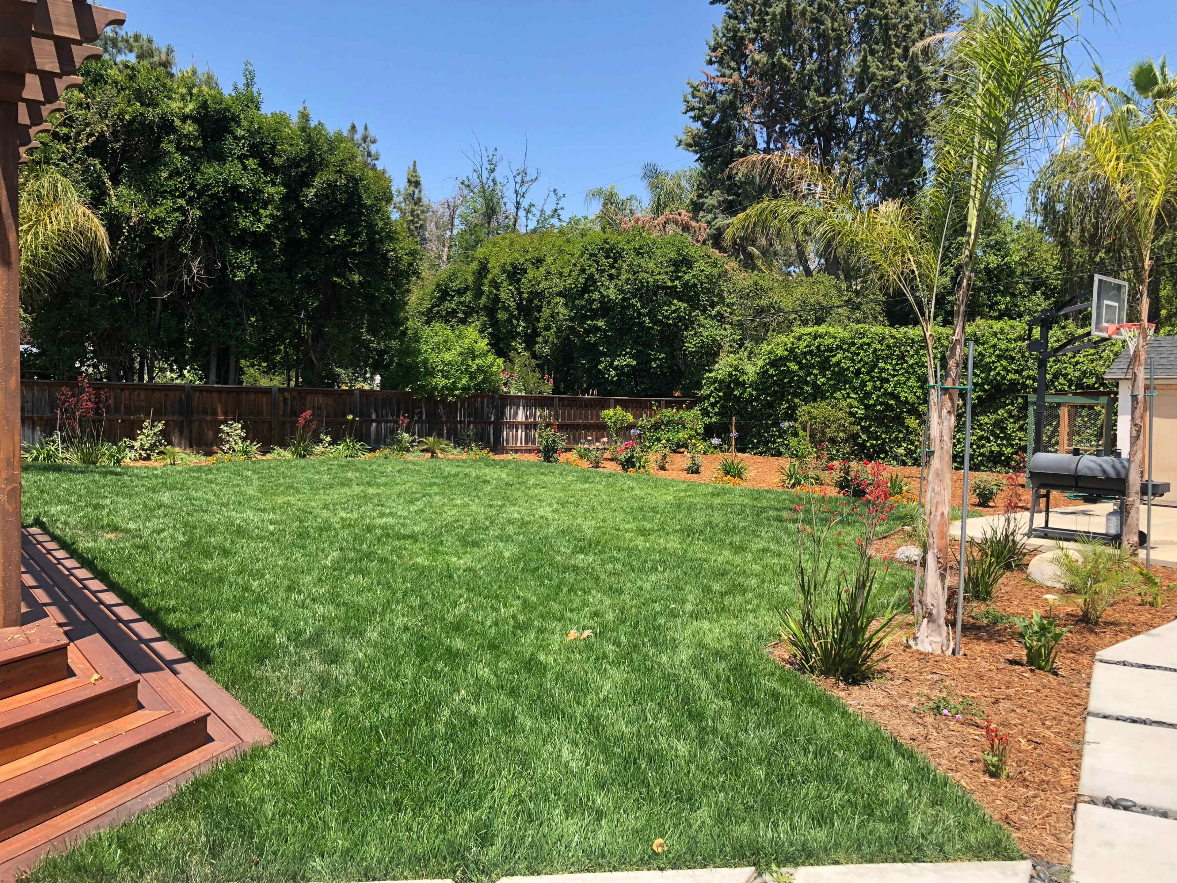 The image shows a well-maintained backyard with a green lawn, flower beds, and a basketball hoop in the corner.