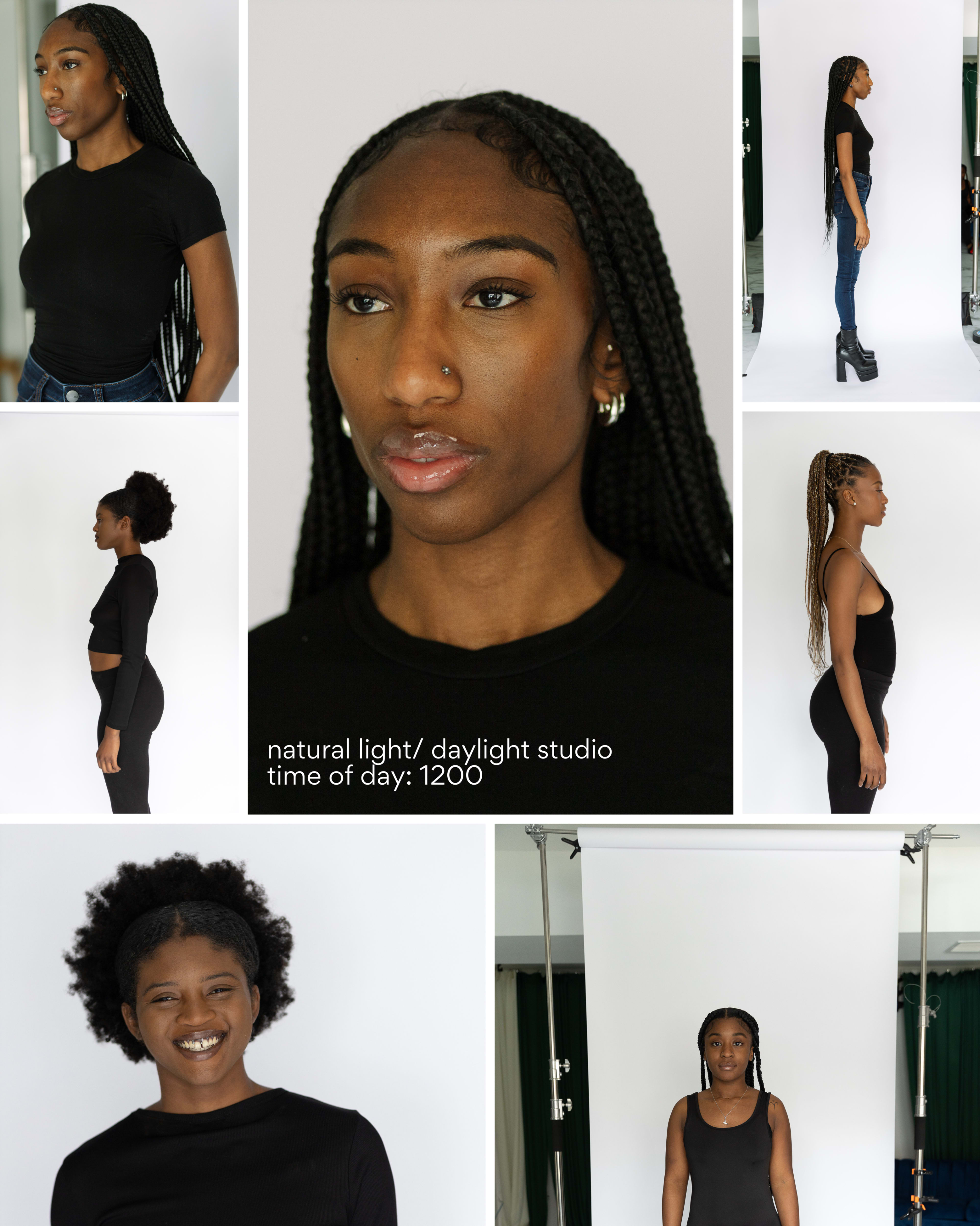 The image shows a series of studio portraits featuring a model with braids, taken in natural light at noon, displaying various poses and outfits.
