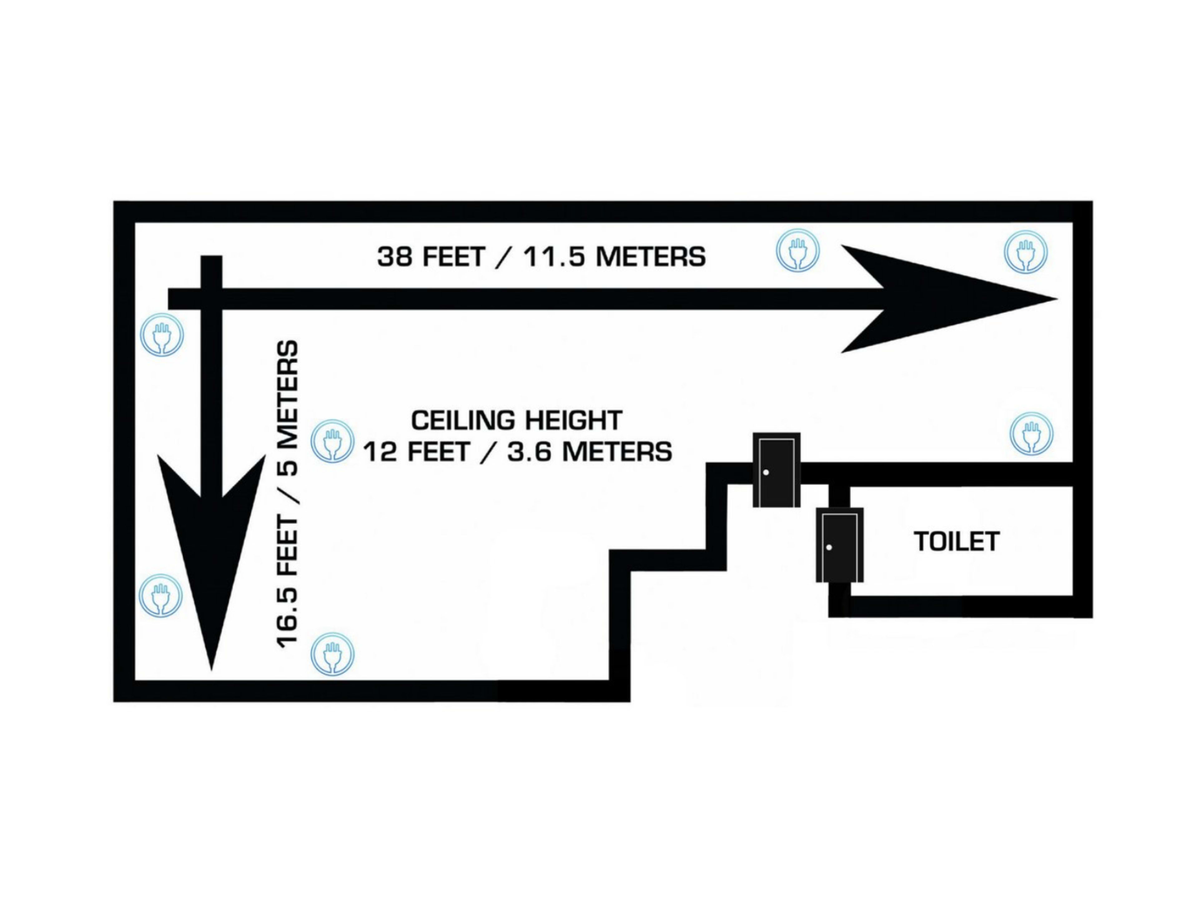 The diagram shows a floor plan with measurements, indicating a space that is 38 feet long and 16.5 feet wide, with a ceiling height of 12 feet, and includes a toilet.