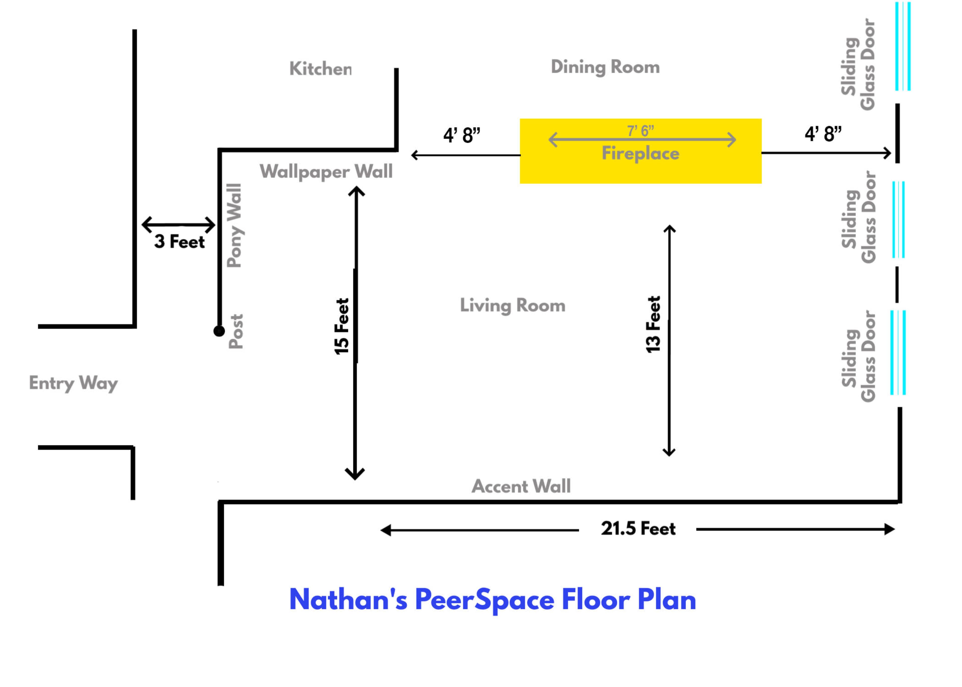 The diagram shows a floor plan of Nathan's space, featuring labeled areas such as a kitchen, dining room, living room, and fireplace, with dimensions indicated for each section.