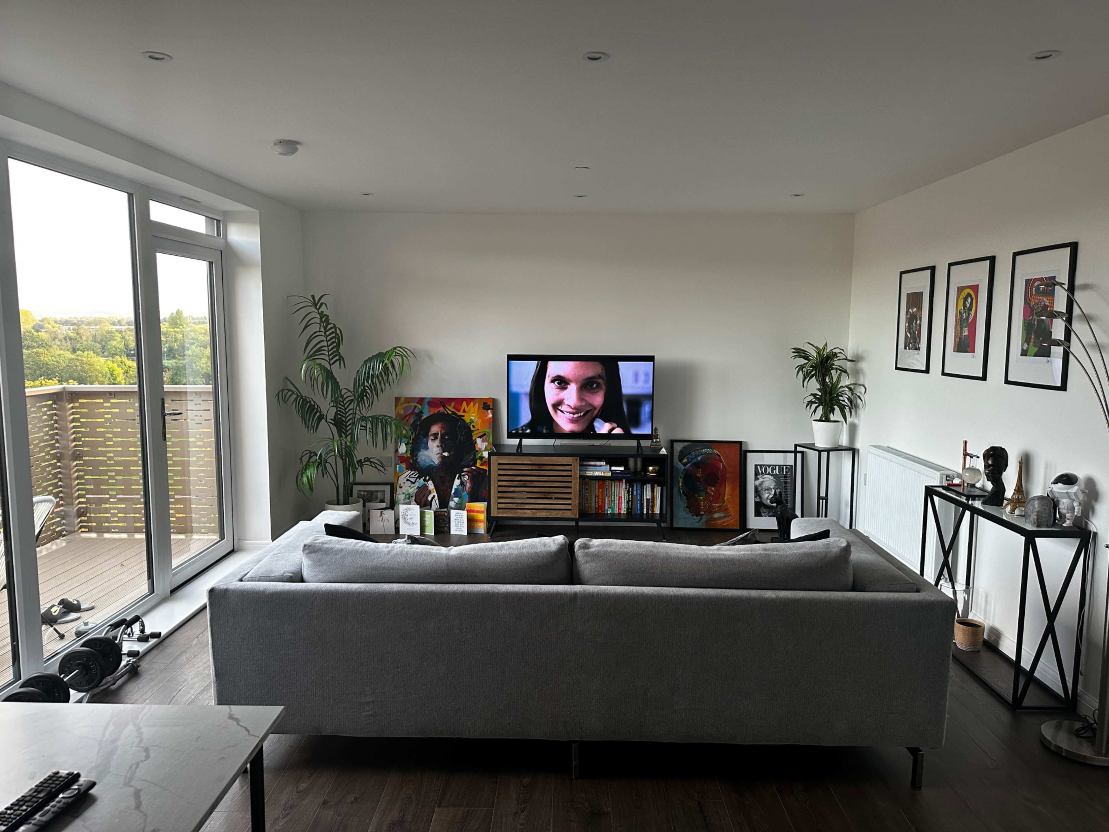 A modern living room features a gray sofa facing a television, with various artworks and plants decoratively arranged around the space.