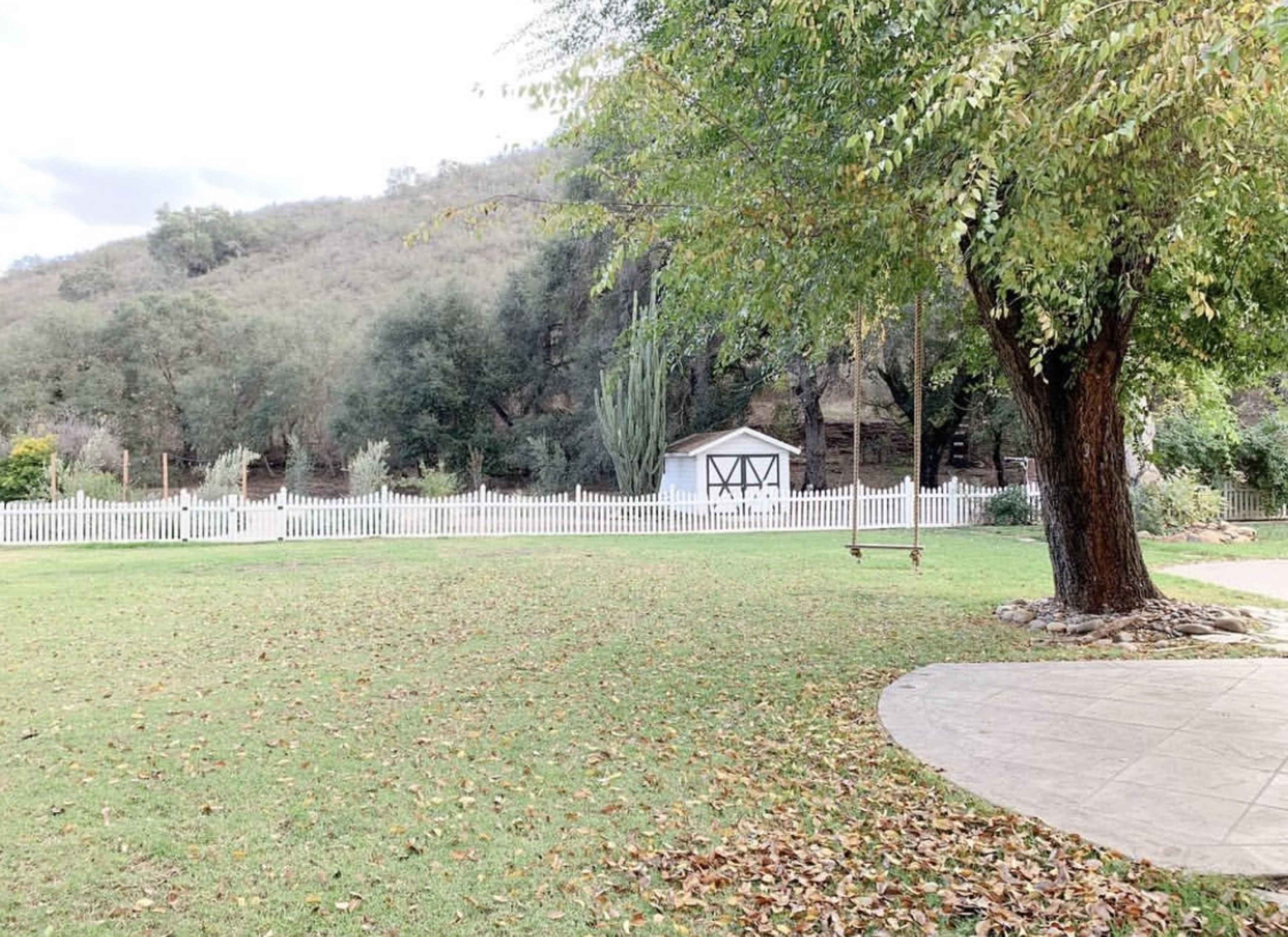 A lawn with fallen leaves surrounds a white picket fence and a small shed, set against a hillside with trees.