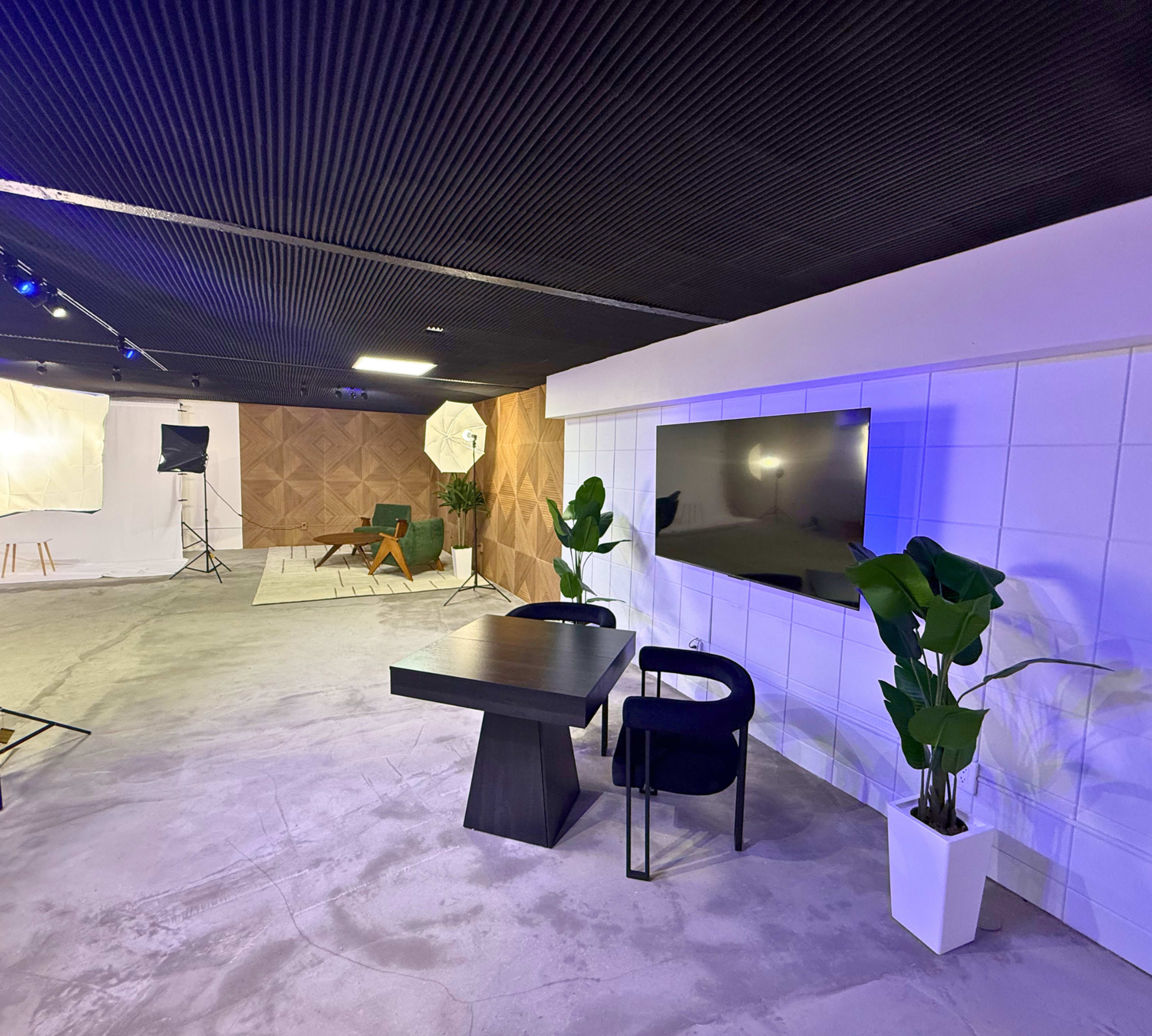 The image shows a modern studio with a dark ceiling, a decorative wall, a flat-screen TV, a minimalist black table, two chairs, and potted plants.