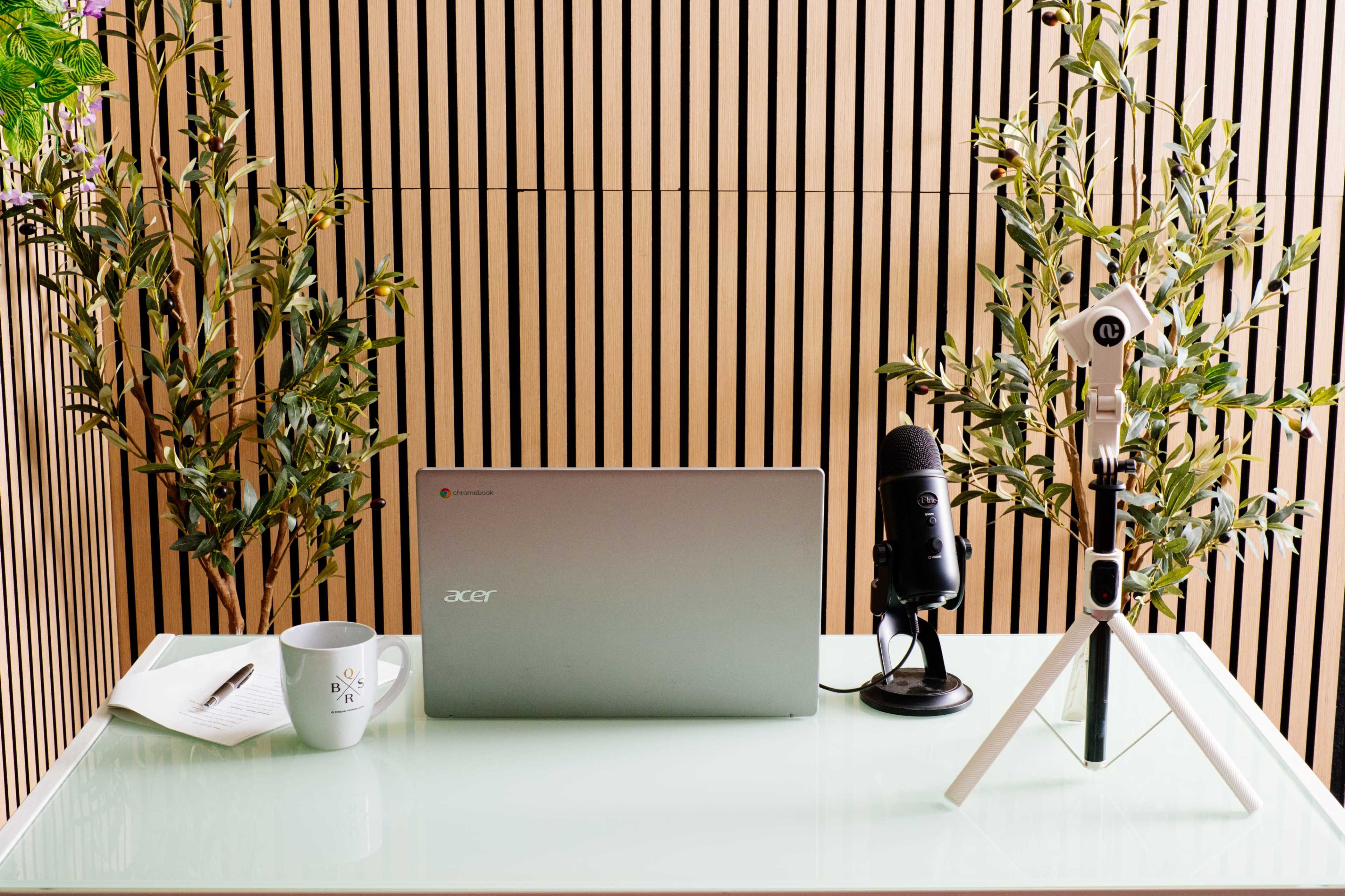 A modern desk setup features an Acer laptop, a microphone on a stand, a coffee mug, and potted plants, all arranged against a striped wooden backdrop.