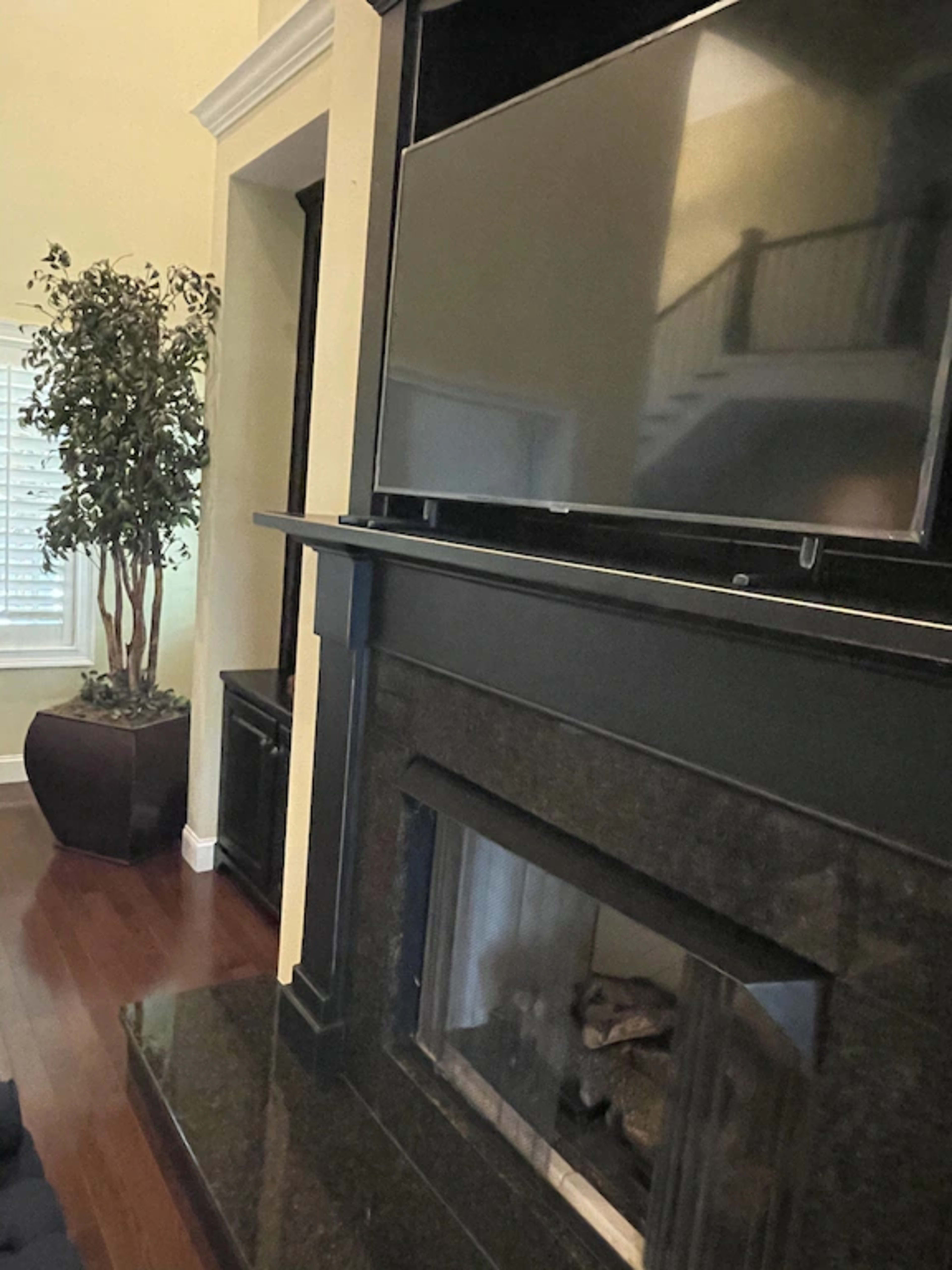 A living room featuring a mounted television above a dark granite fireplace, with a potted plant in the corner and wooden flooring.