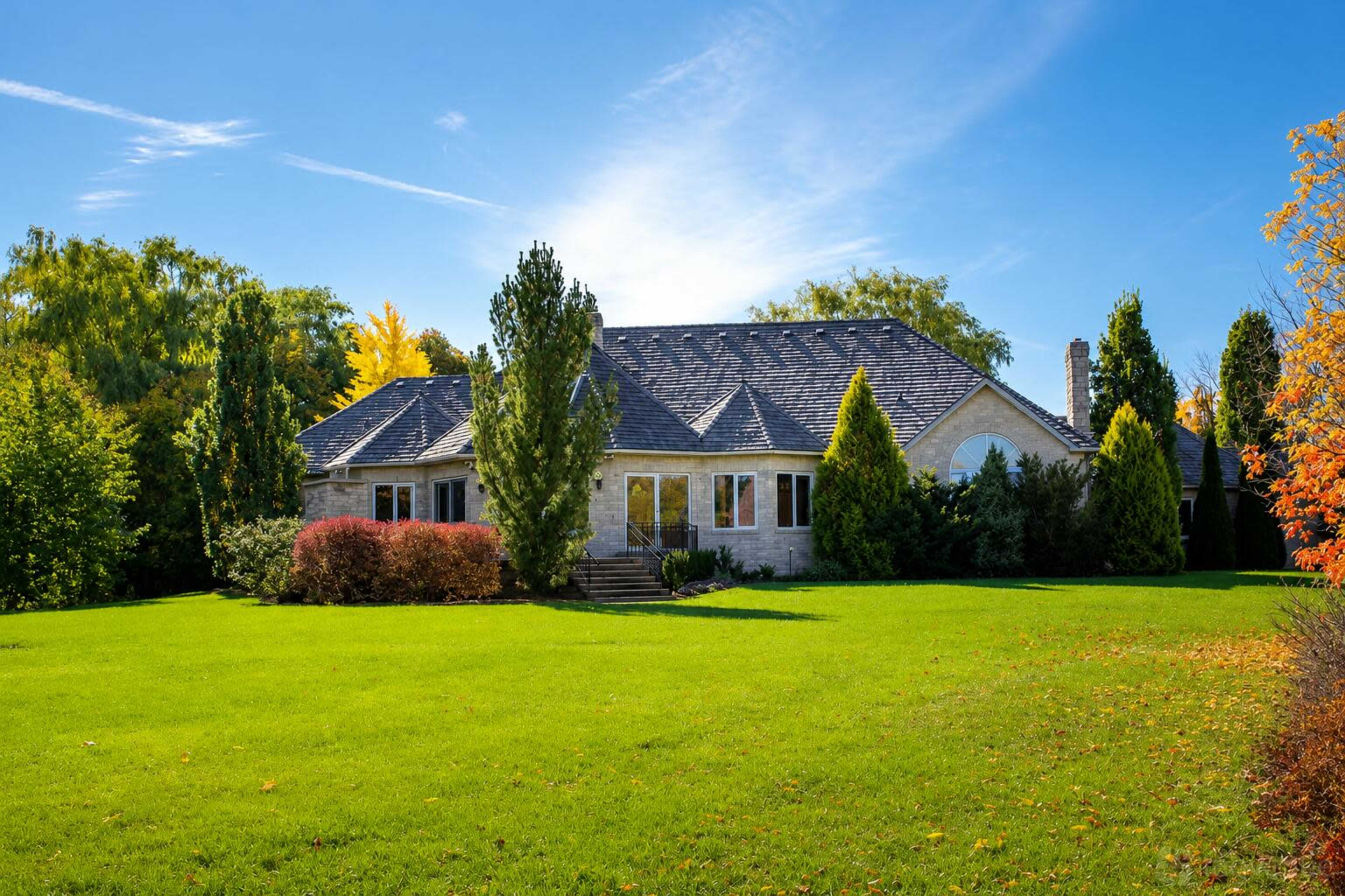 A large, single-story stone house with a gabled roof is set on a well-manicured lawn surrounded by trees and colorful shrubs.