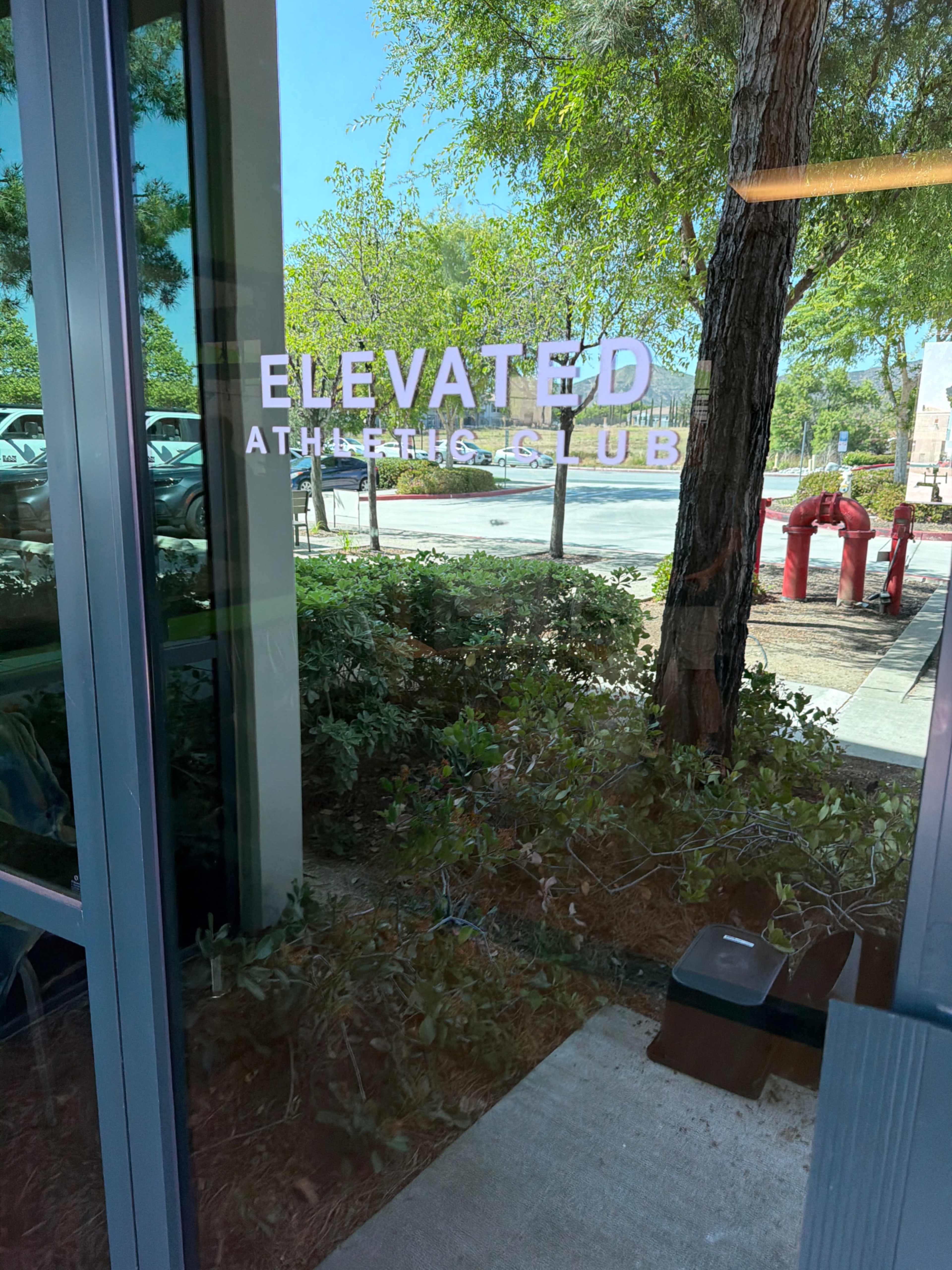 The image shows a reflection of a building facade featuring the words "ELEVATED ATHLETIC CLUB" with greenery and parked cars visible in the background.