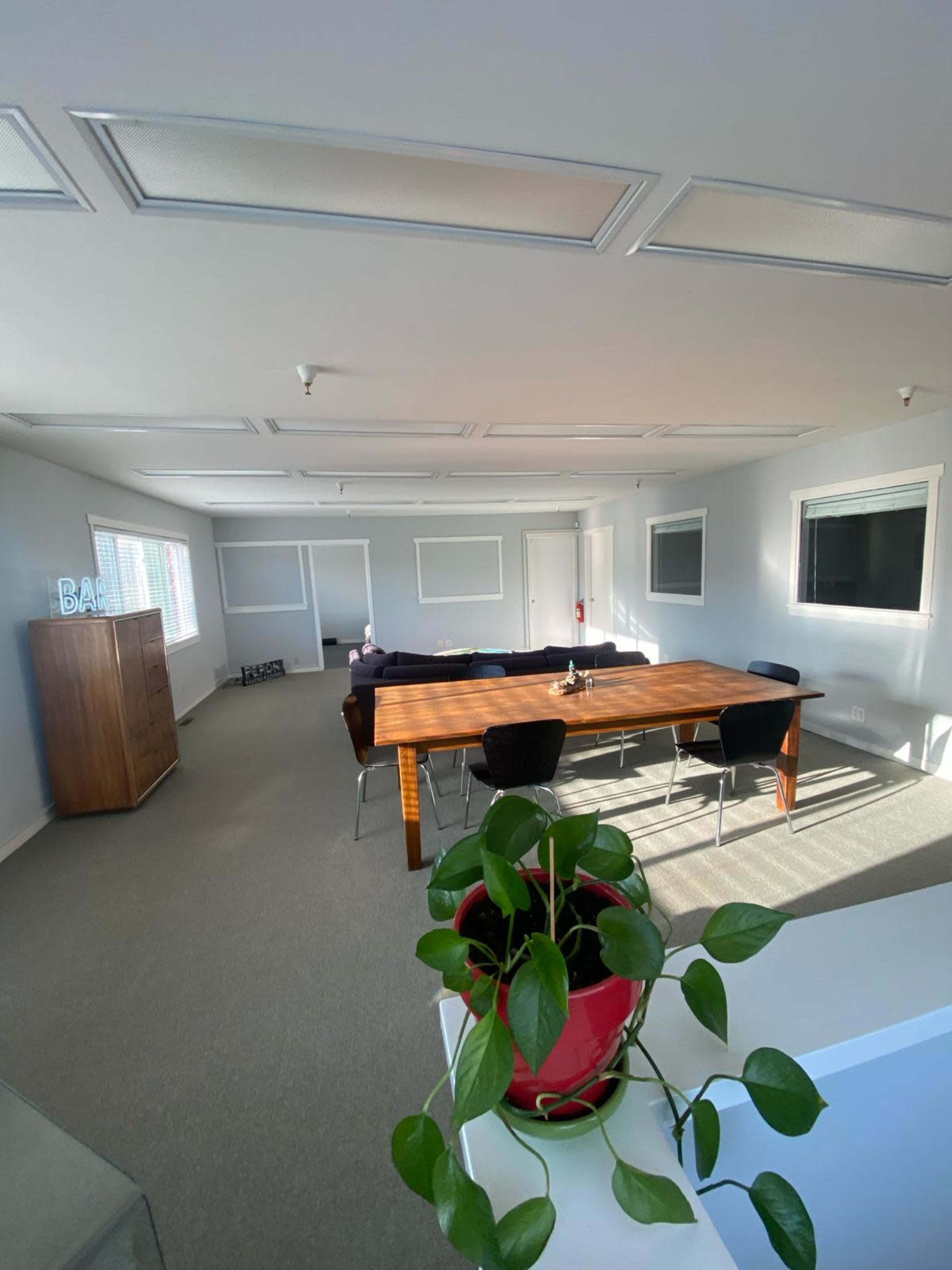 The image shows an empty room with a large wooden table surrounded by black chairs, a cabinet against one wall, and a green potted plant in the foreground.