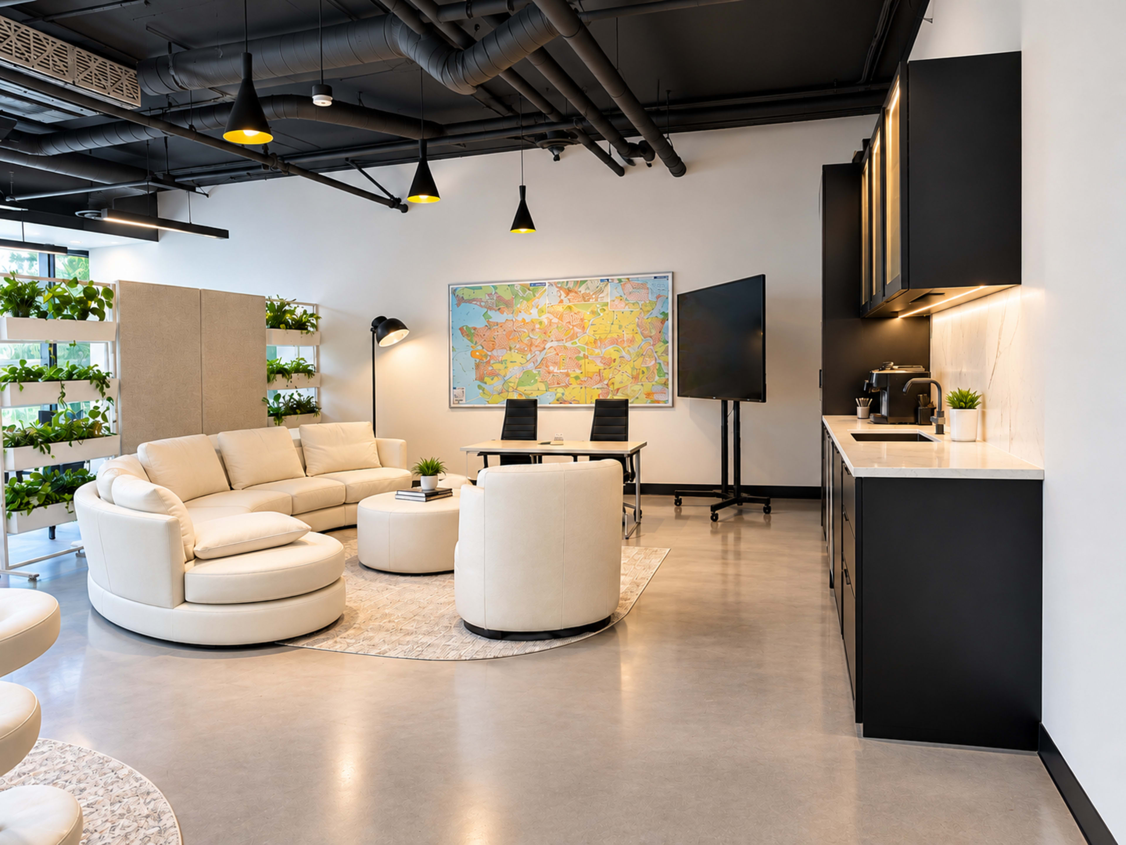 The image shows a modern office lounge featuring a circular white sofa, a round rug, a large map on the wall, and a meeting table with chairs, alongside a kitchenette and plants.