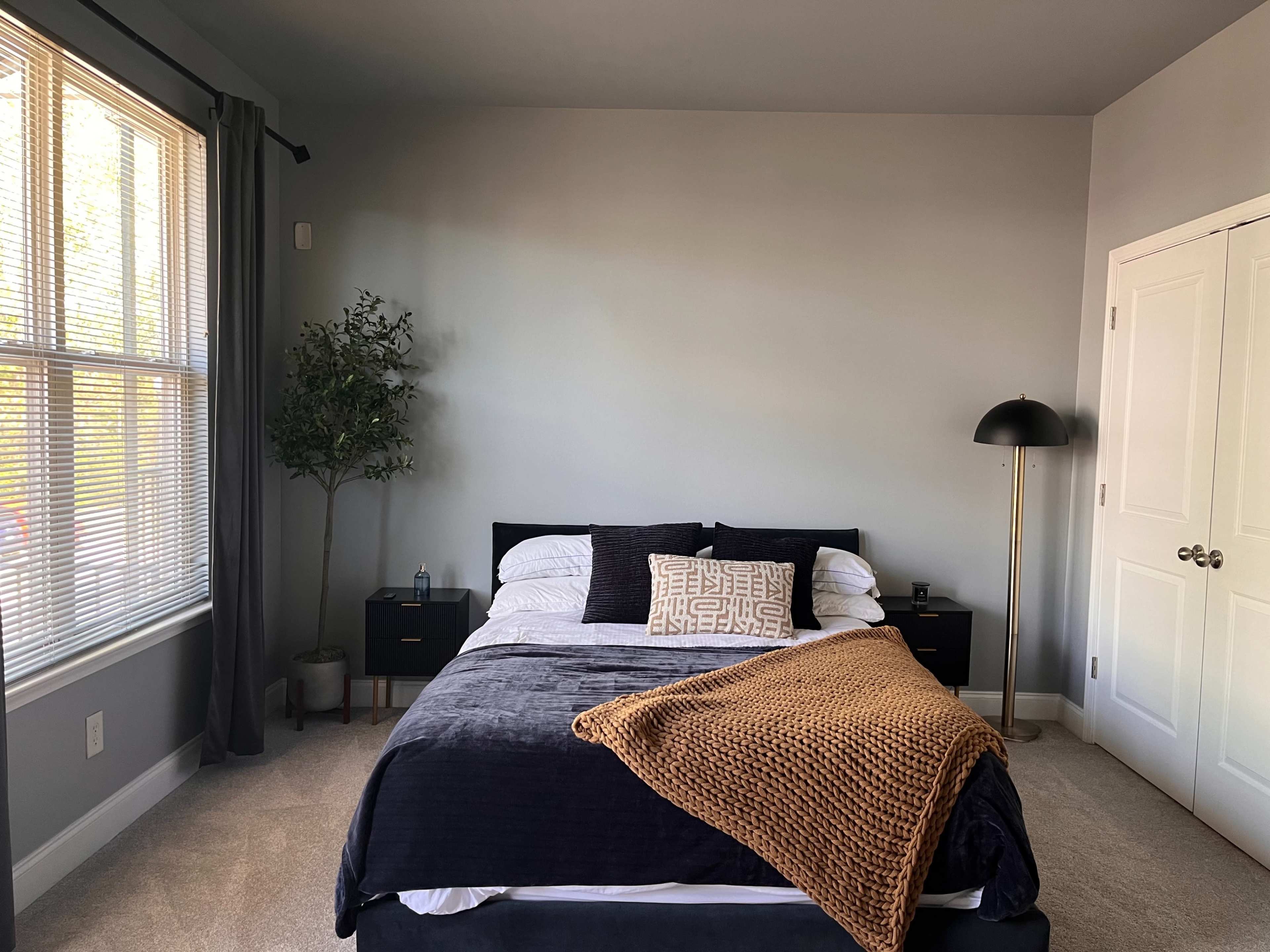A neatly arranged bedroom featuring a bed with a patterned pillow and a throw blanket, a potted plant near the window, and a floor lamp next to a nightstand.