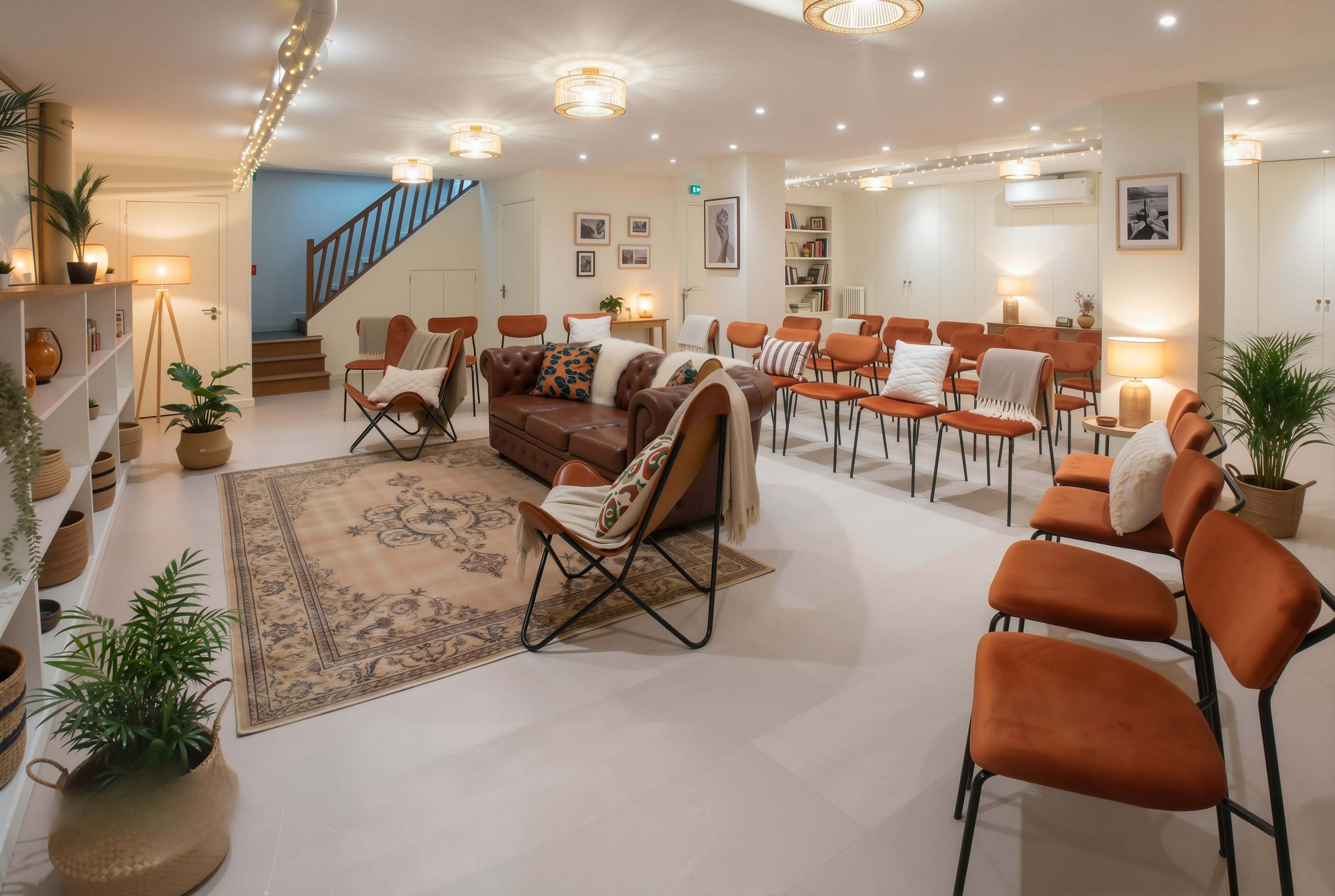 The room features a cozy seating area with orange chairs arranged in circles around a central brown couch and a decorative rug, surrounded by plants and warm lighting.