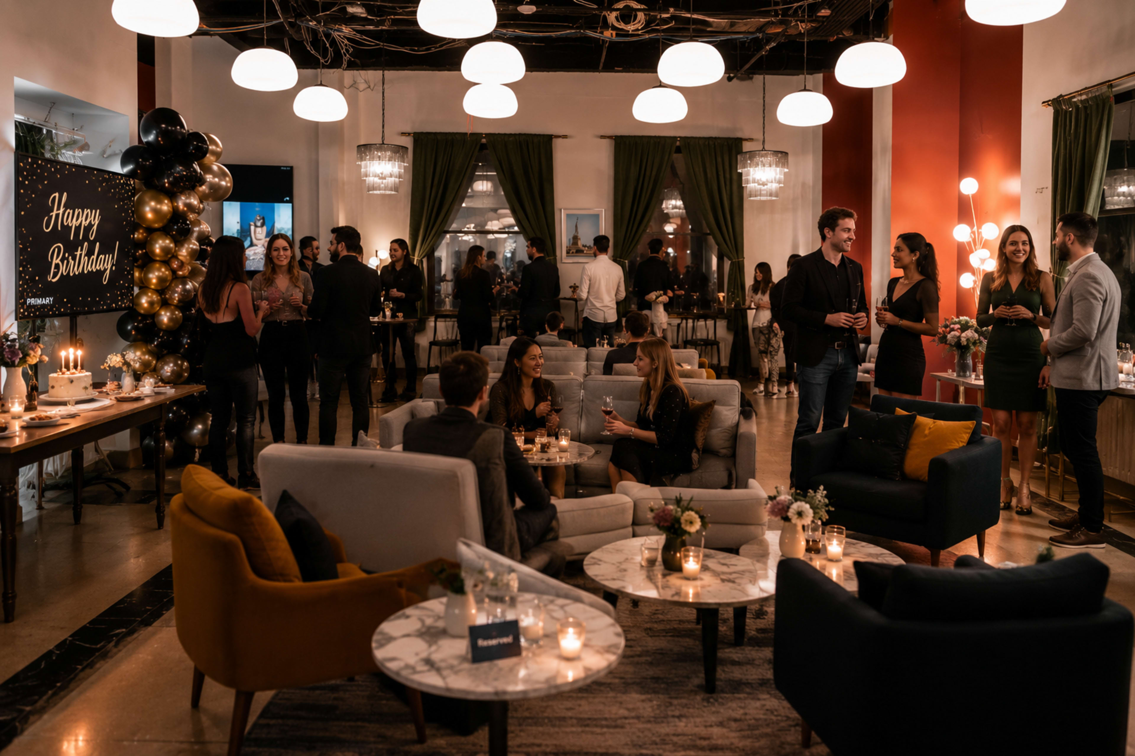 A birthday celebration is taking place in a stylish venue, featuring guests socializing around tables with drinks and a decorated backdrop displaying "Happy Birthday!"