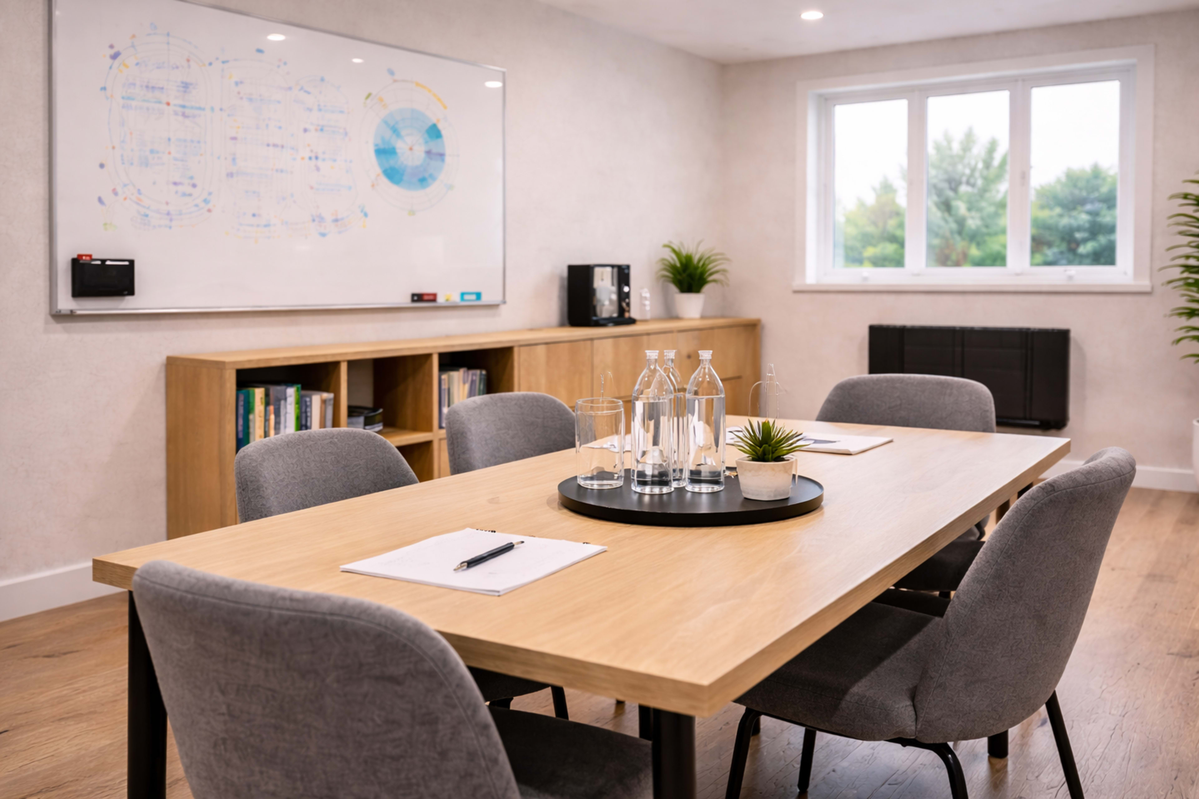 A modern meeting room features a wooden table surrounded by gray chairs, with water bottles and glasses on a tray, a whiteboard on the wall, and a bookshelf in the background.