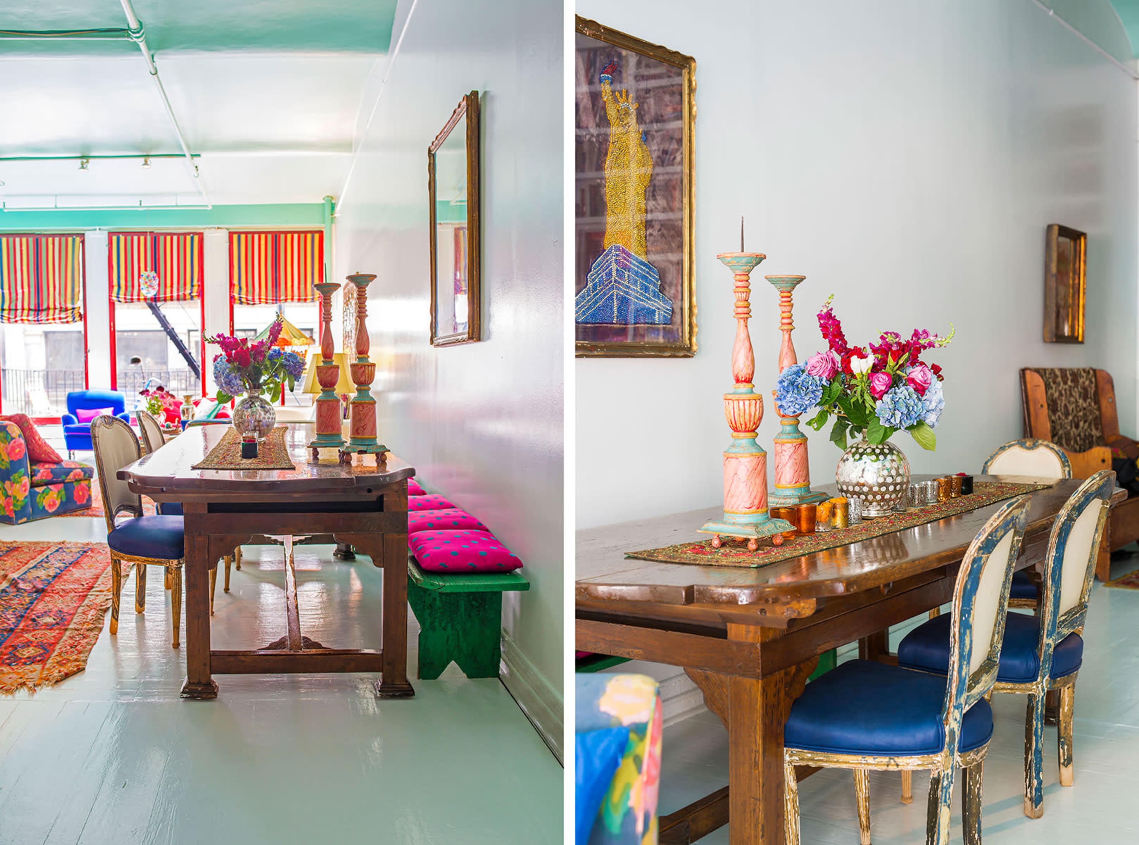 The image shows a brightly lit dining area featuring a wooden table with decorative candles and floral arrangements, surrounded by chairs and a vibrant rug.