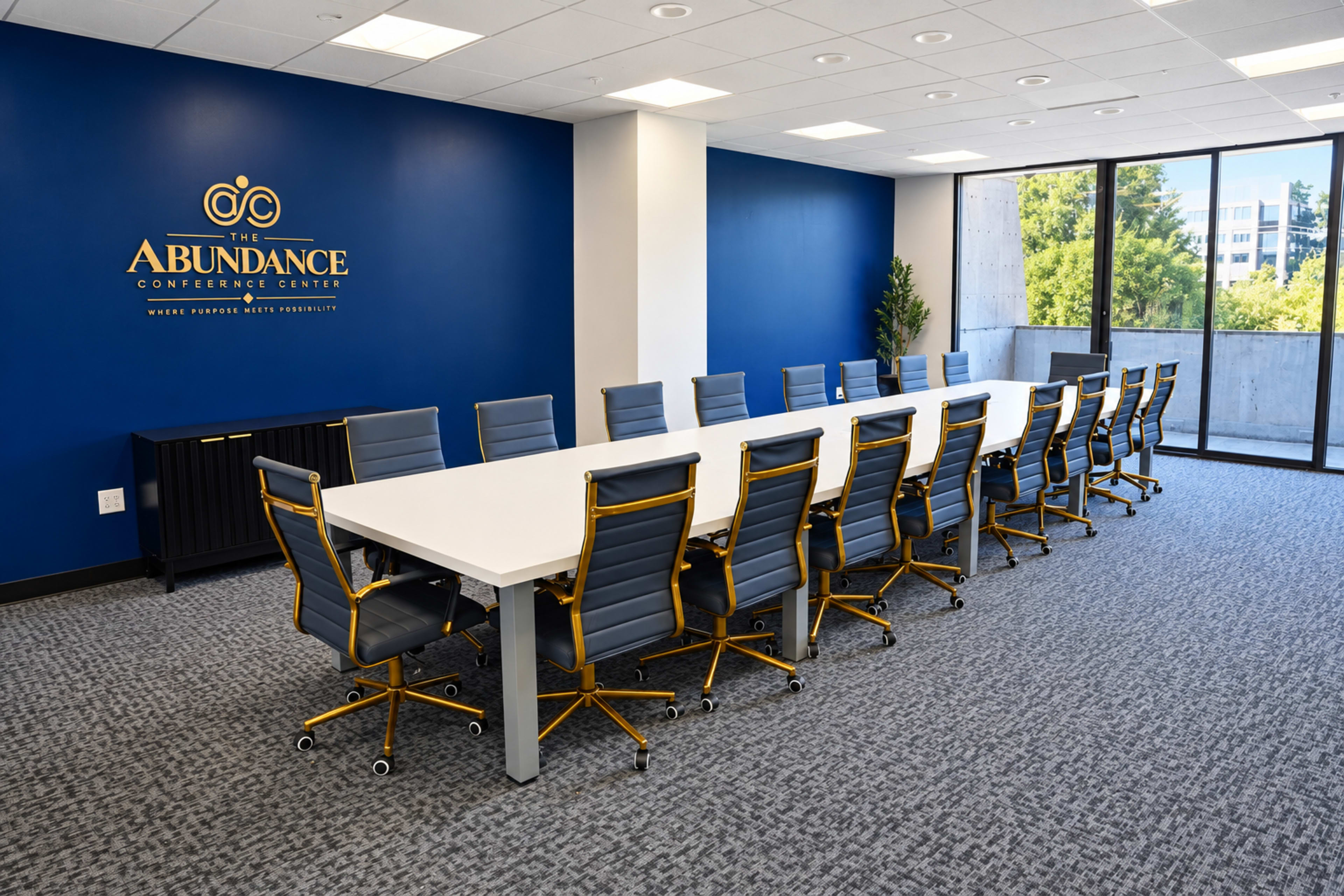 A long white conference table with gray and gold chairs is set in a modern meeting room featuring a blue accent wall with the logo of "The Abundance Conference Center."