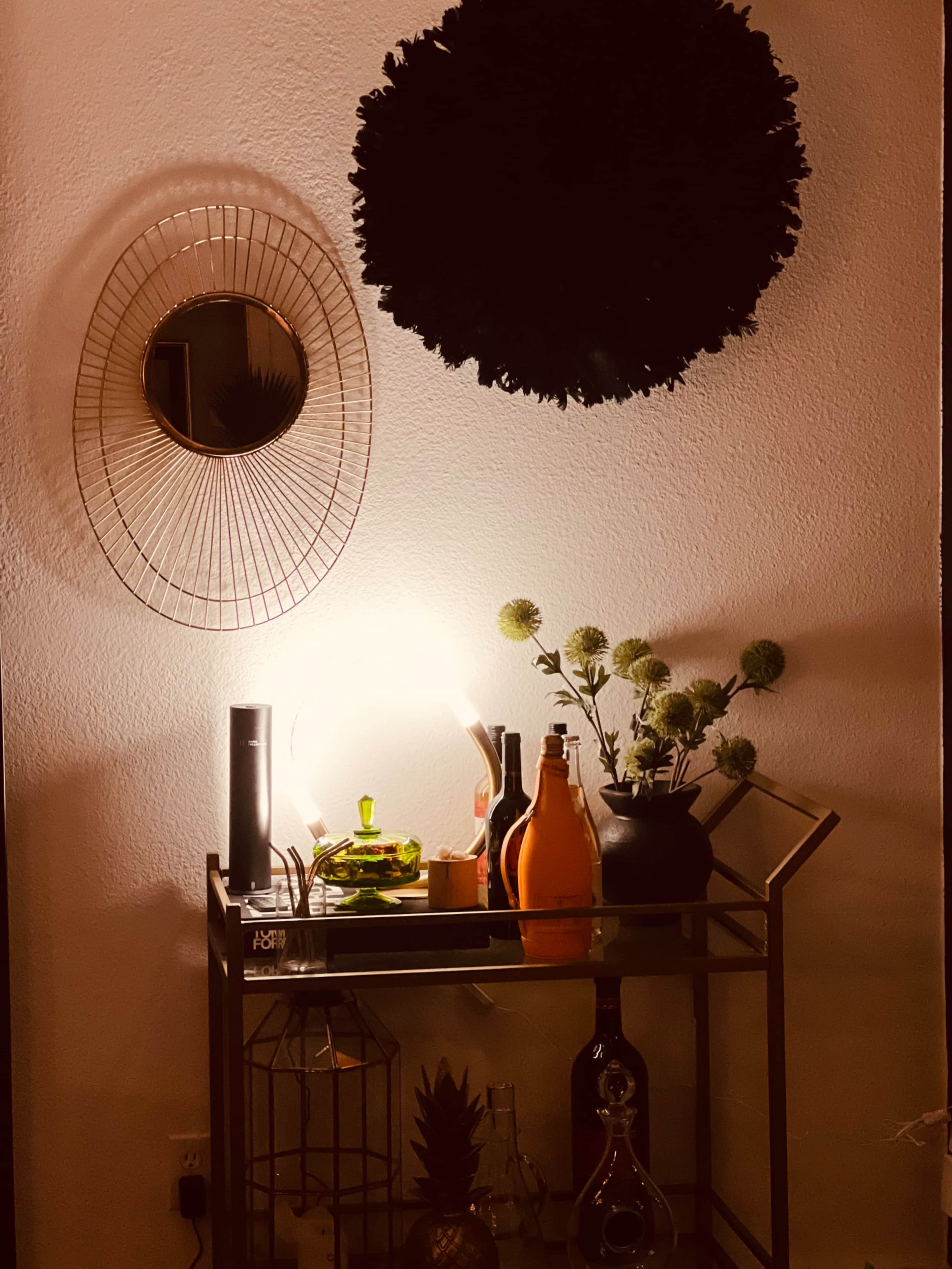 A bar cart is displayed against a wall, featuring various bottles, a plant arrangement, and a round mirror, complemented by a decorative wall piece above.