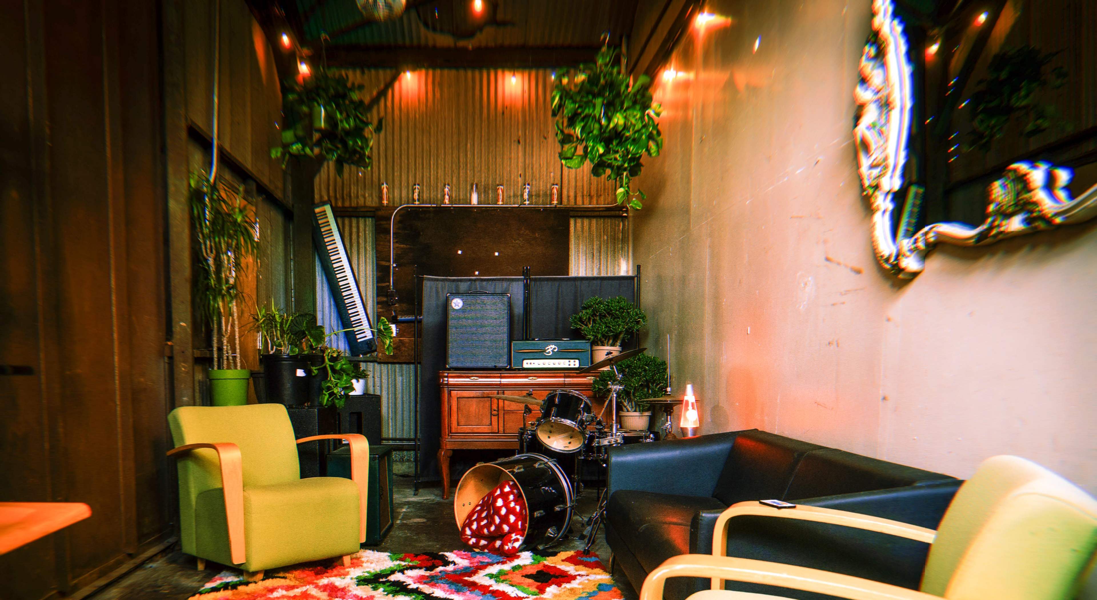 A cozy corner of a room decorated with plants, a colorful rug, a black sofa, green chairs, and musical instruments.