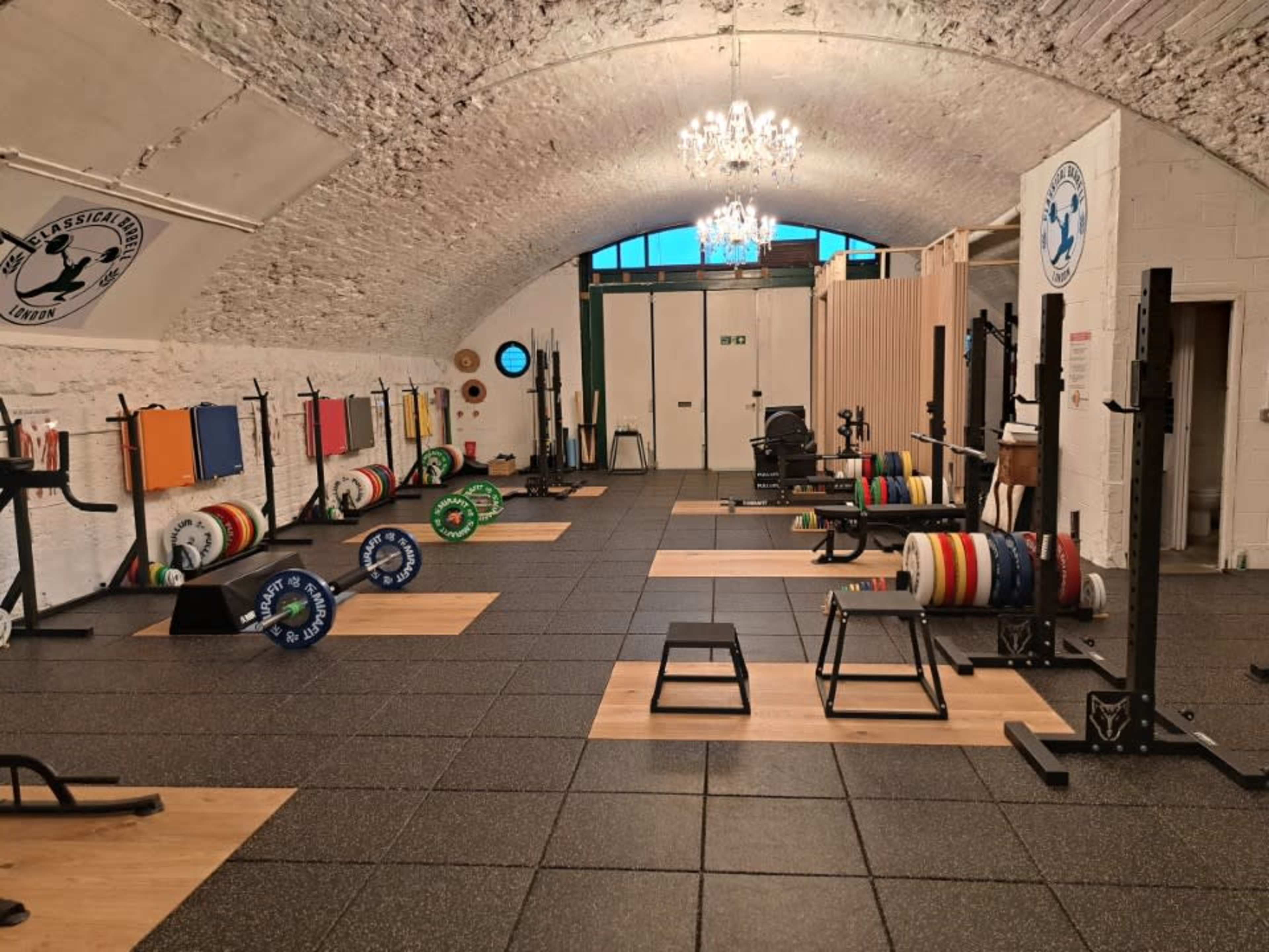 East London Olympic Weightlifting Gym with Chandeliers Image in London, London, ENG