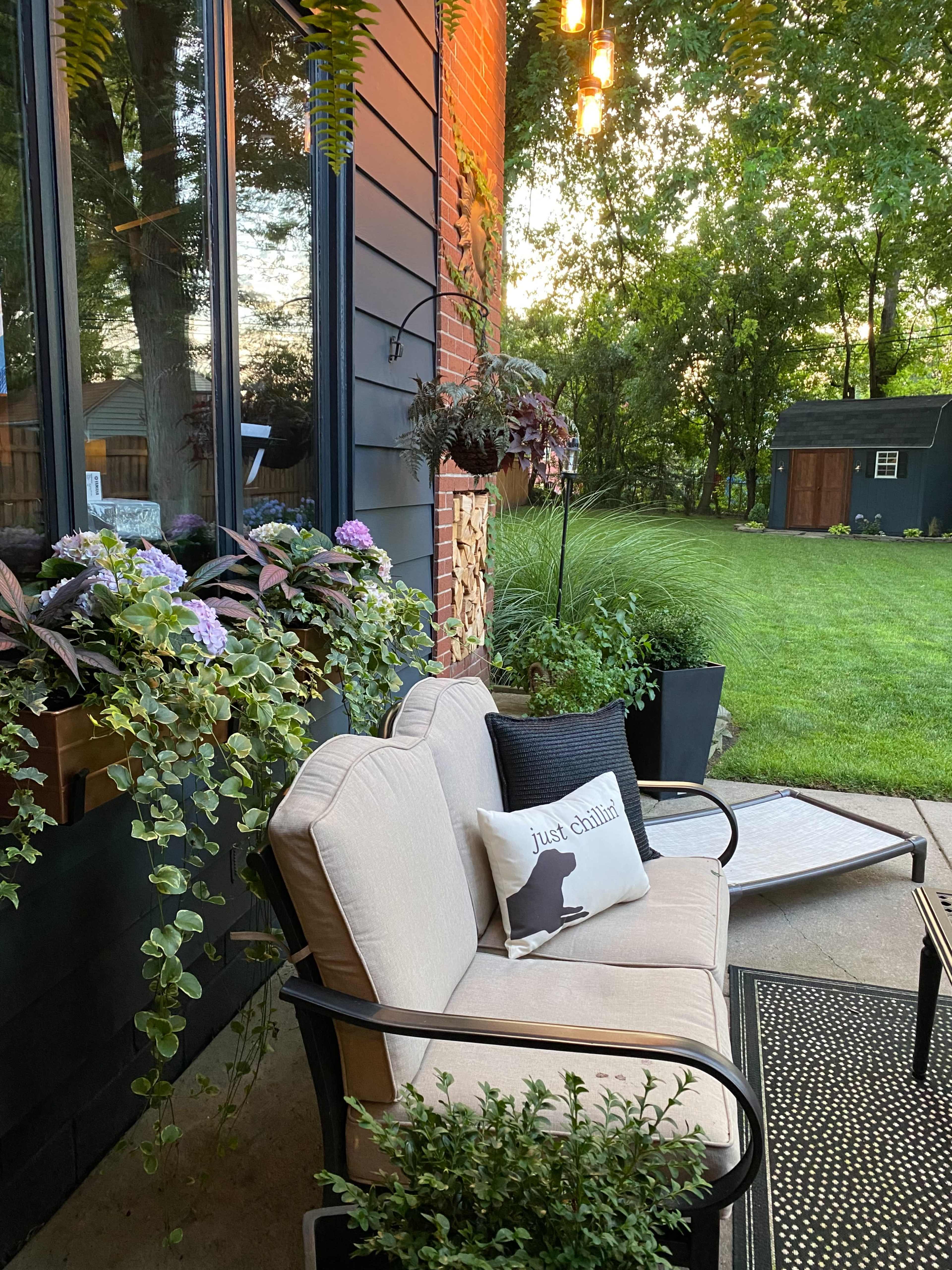 A cozy outdoor seating area features a beige couch with a decorative pillow and potted plants against a backdrop of a grassy yard and garden shed.