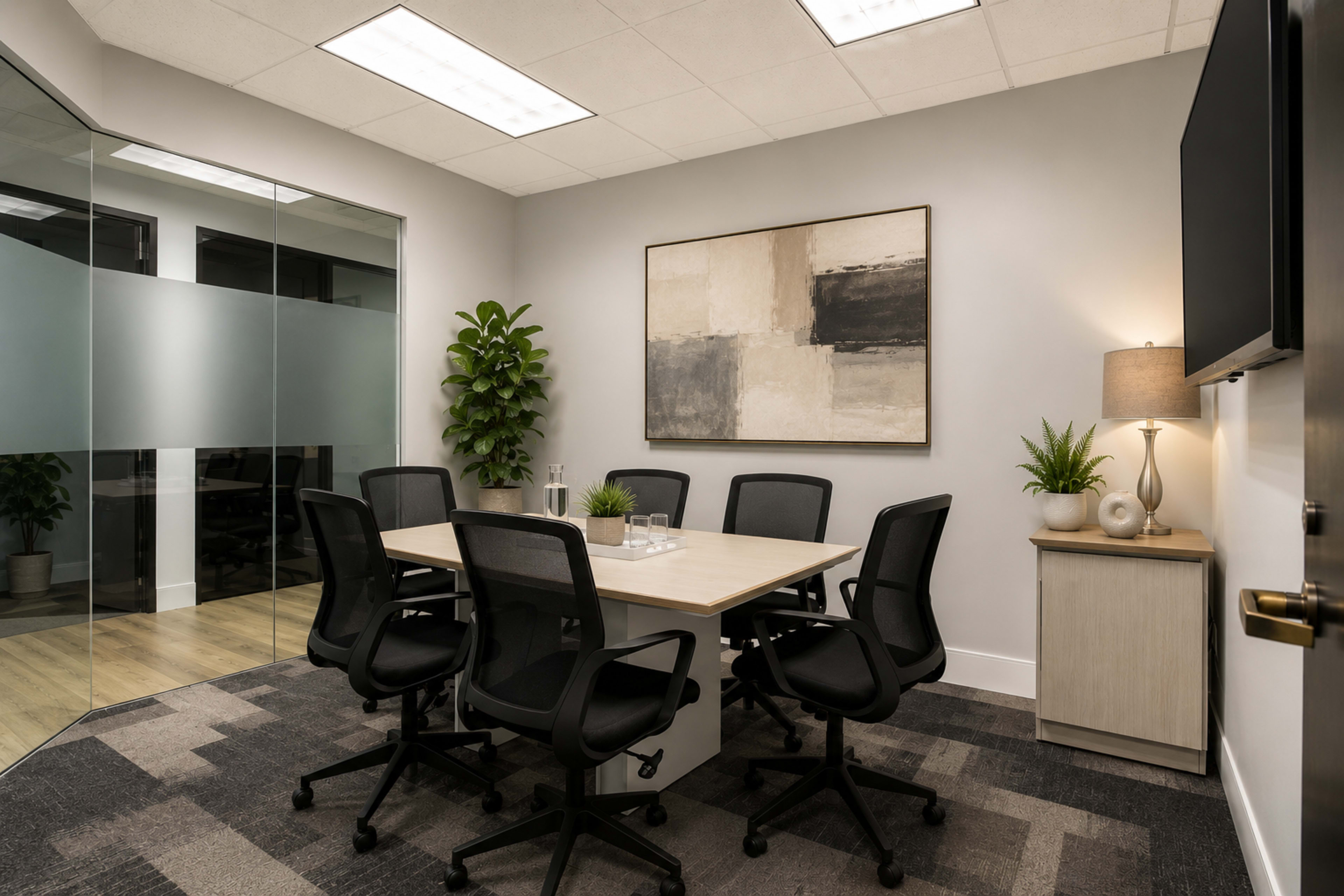 The image shows a modern conference room with a rectangular table surrounded by black chairs, a large artwork on the wall, and a glass wall that leads to another space.