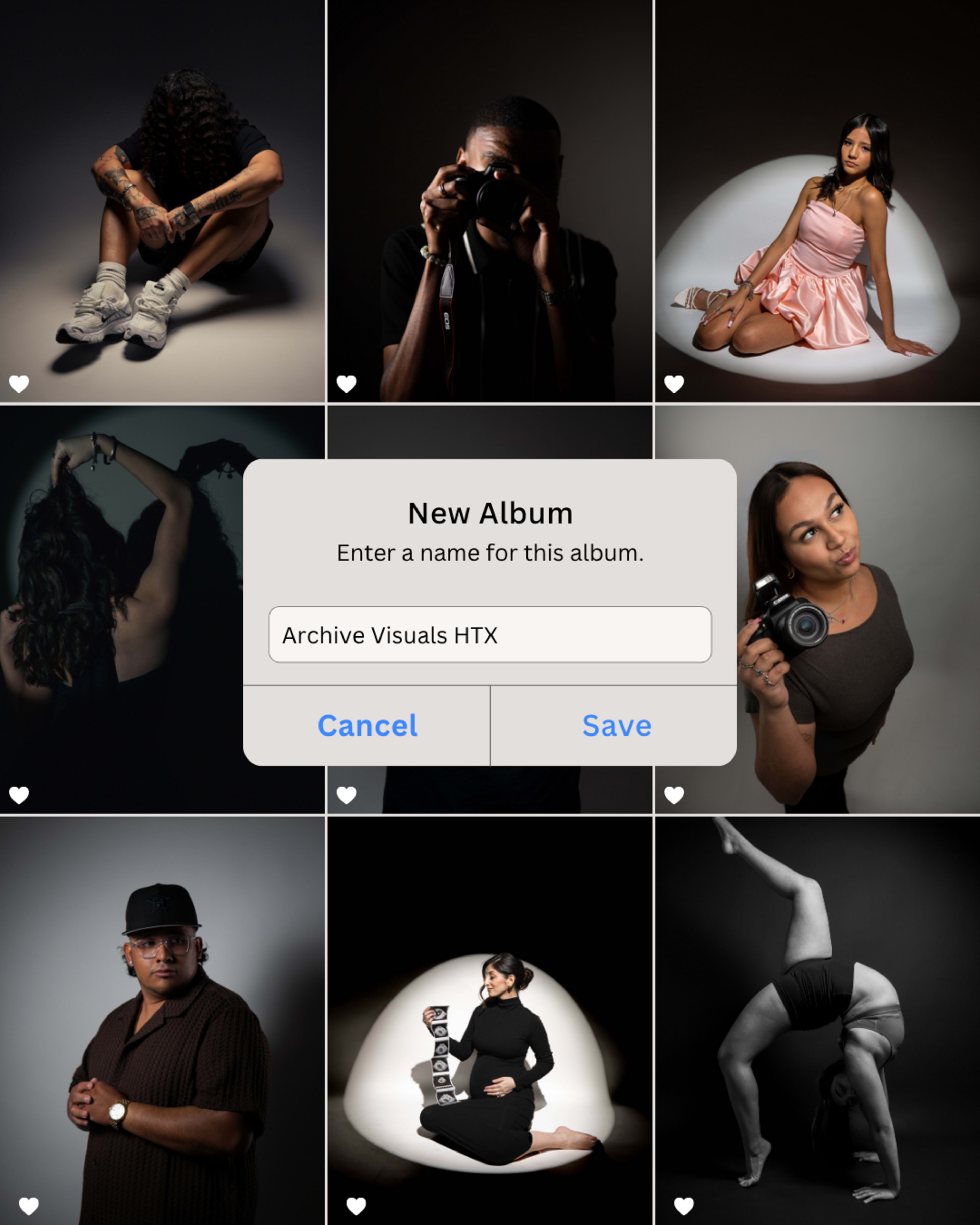 The image displays a collection of six distinct photographs arranged in a grid, showcasing various individuals posing in dramatic lighting.