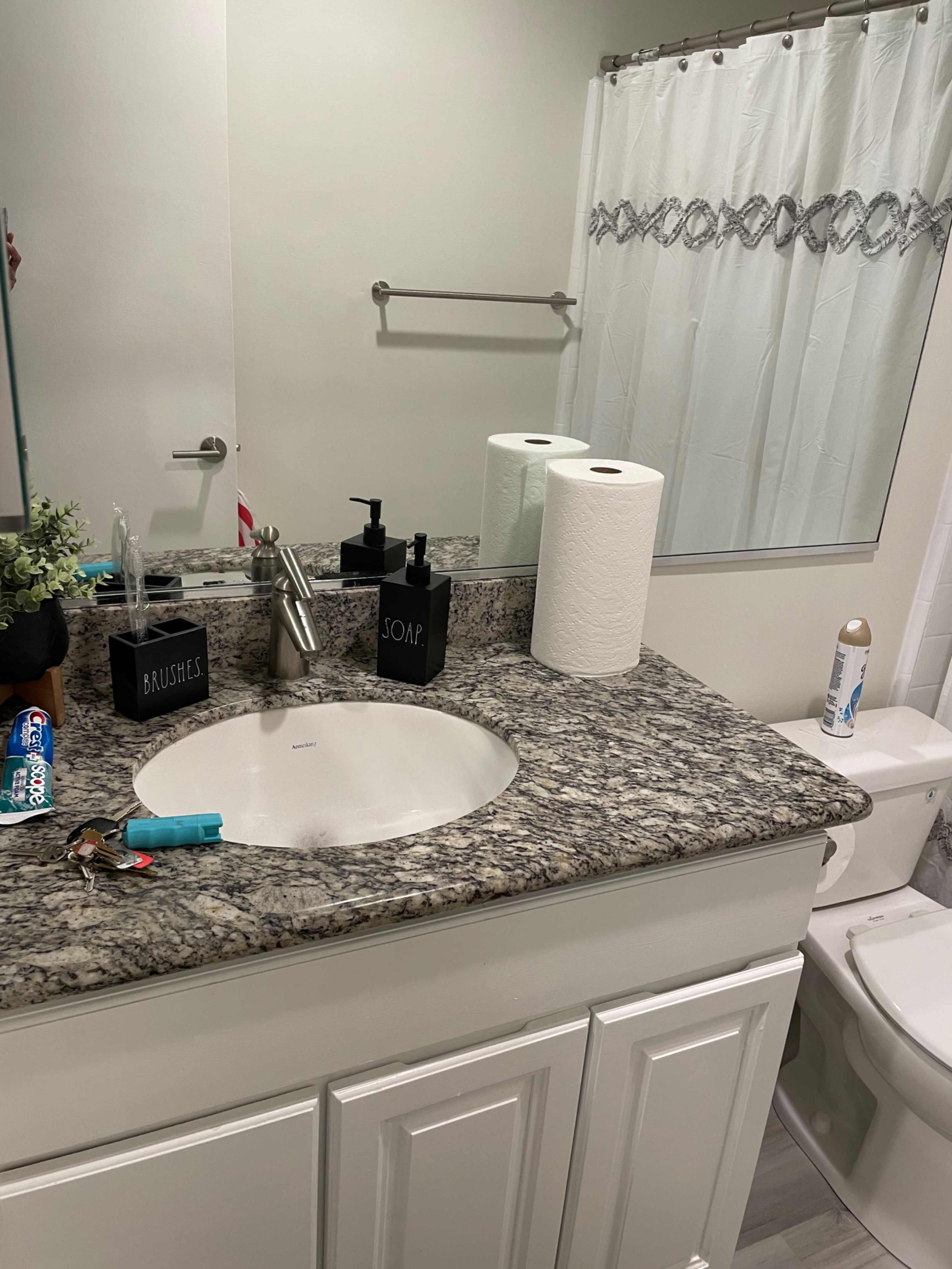 A bathroom countertop features a sink, soap dispenser, roll of paper towels, and various personal items, with a shower curtain and toilet visible in the background.