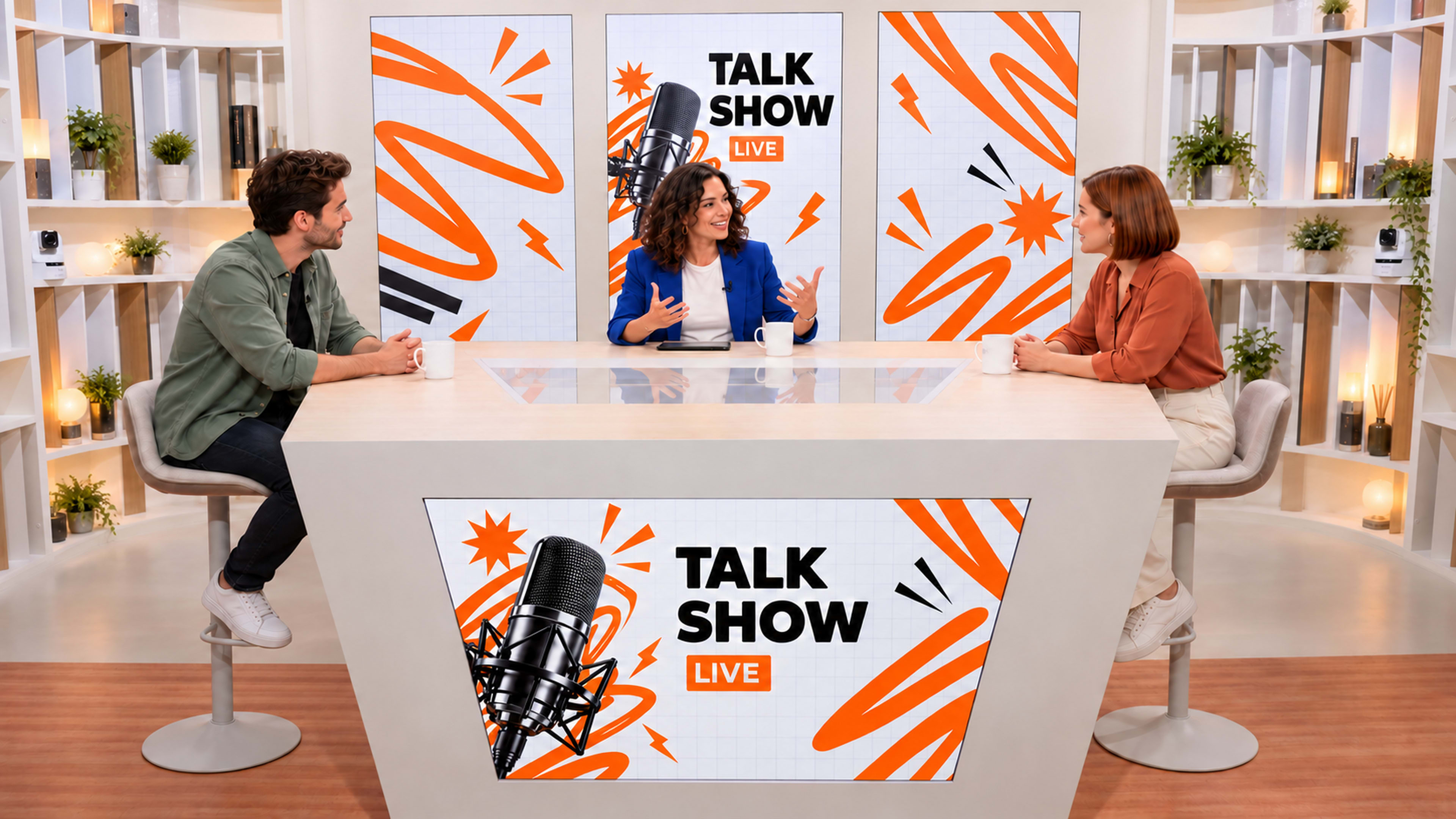 A talk show set features three hosts—two seated and one standing—engaged in conversation, with vibrant graphics displayed on large screens behind them.