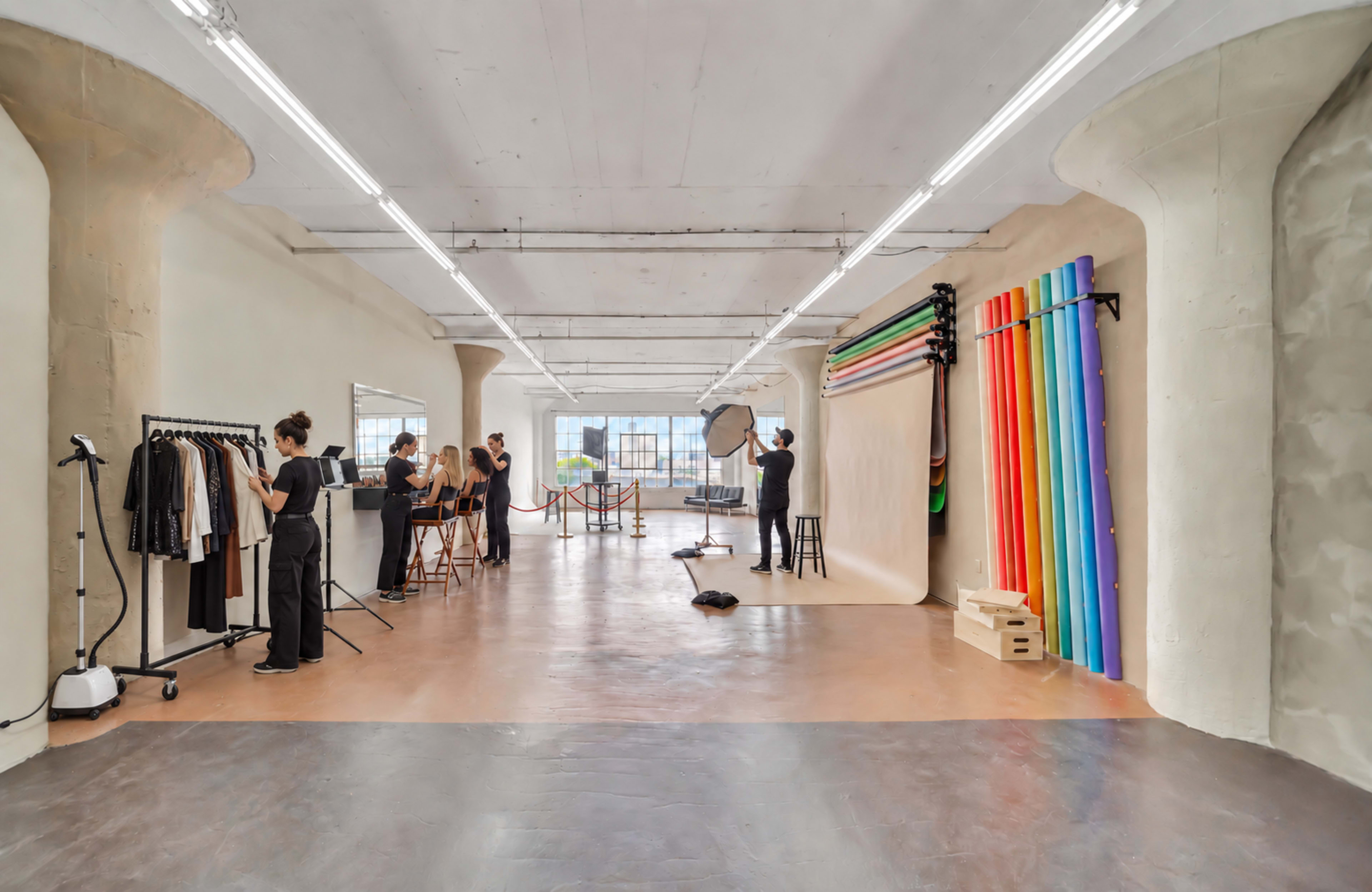 The image shows a spacious photography studio with several individuals preparing for a shoot, featuring equipment, clothing racks, and colorful backdrop drapes.