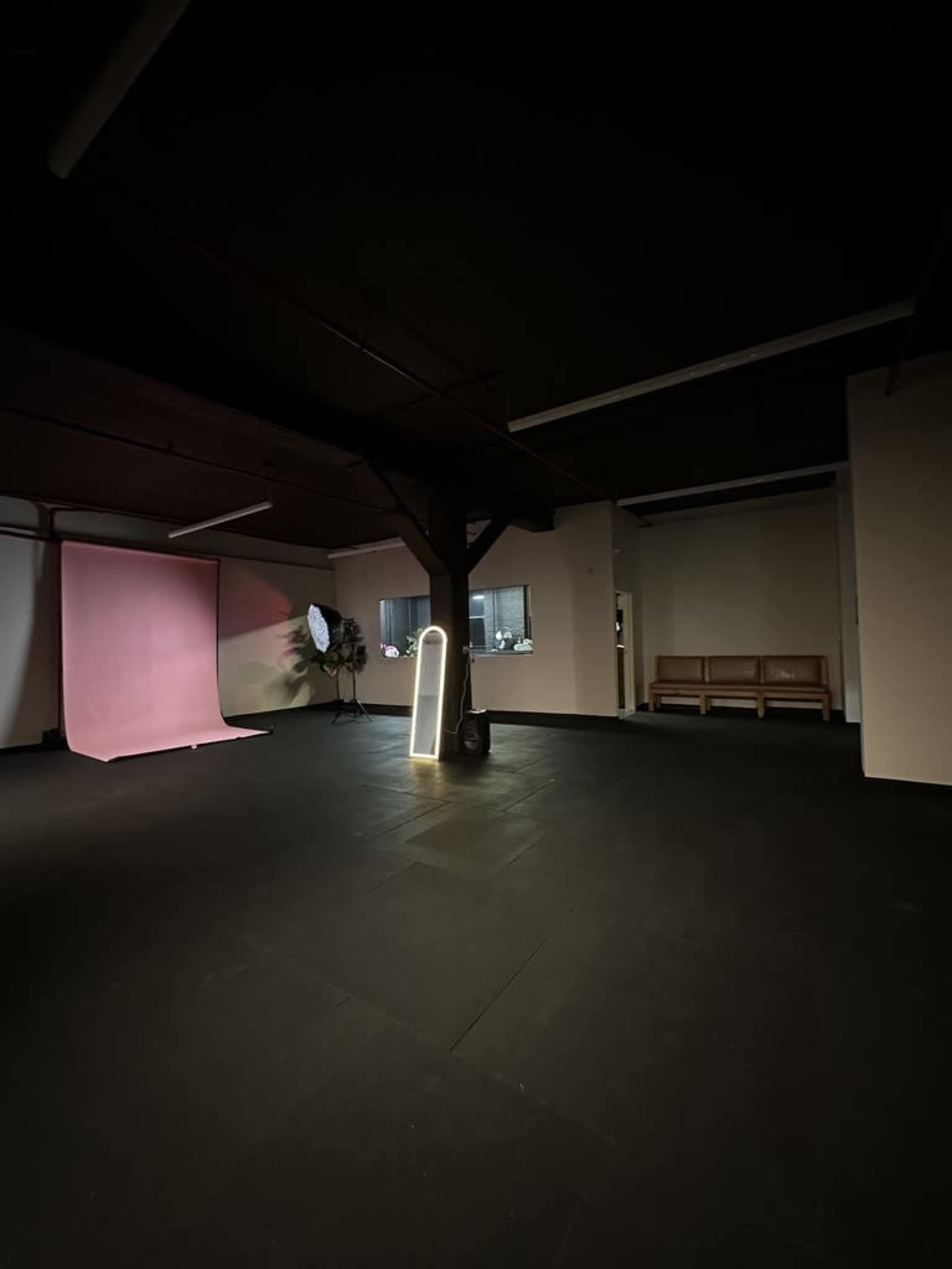 The image shows a spacious, dimly lit studio with a pink backdrop, a large light source, a plant, and minimal furniture.