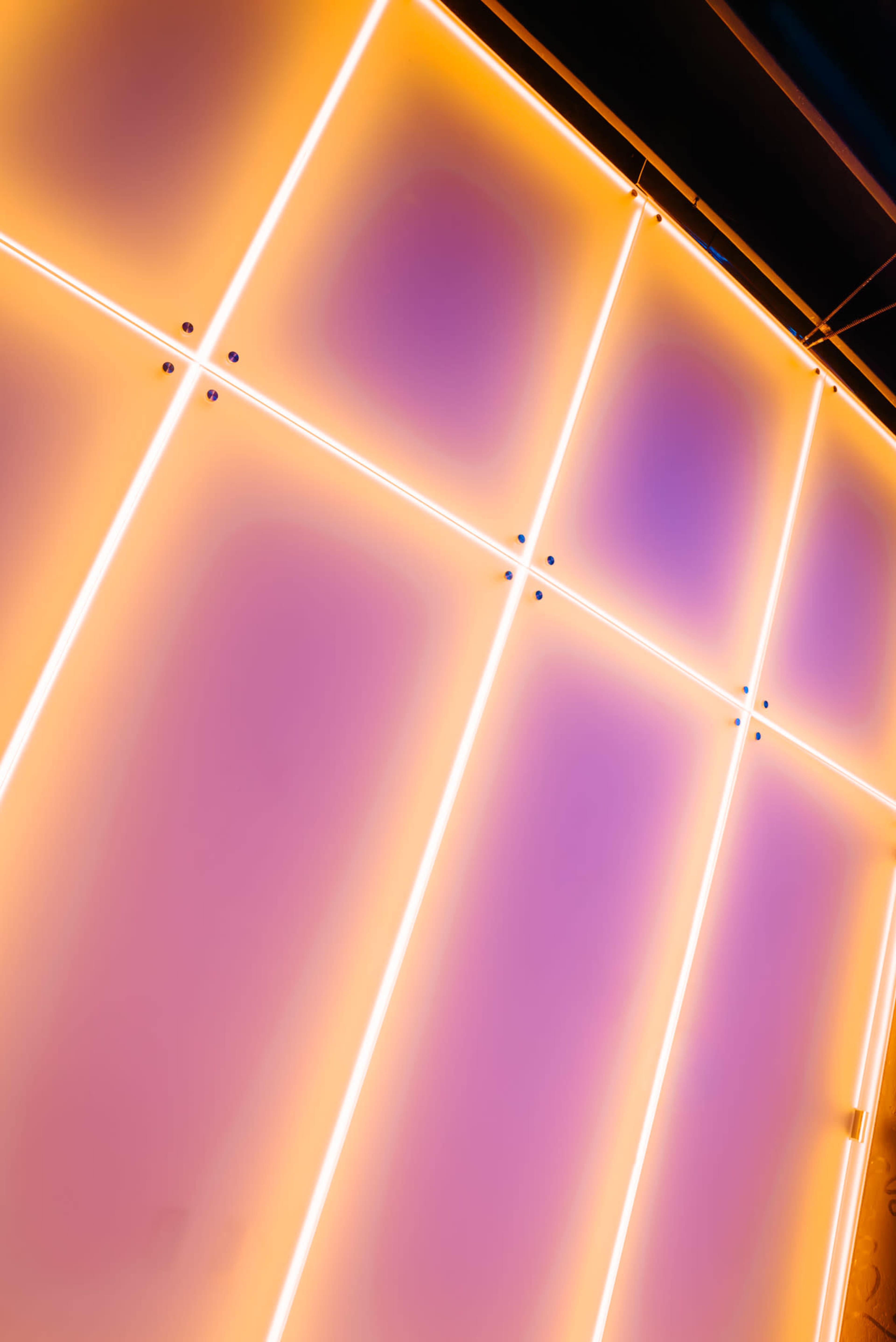 A wall features a grid pattern illuminated with neon lights, displaying a gradient of orange and purple hues.