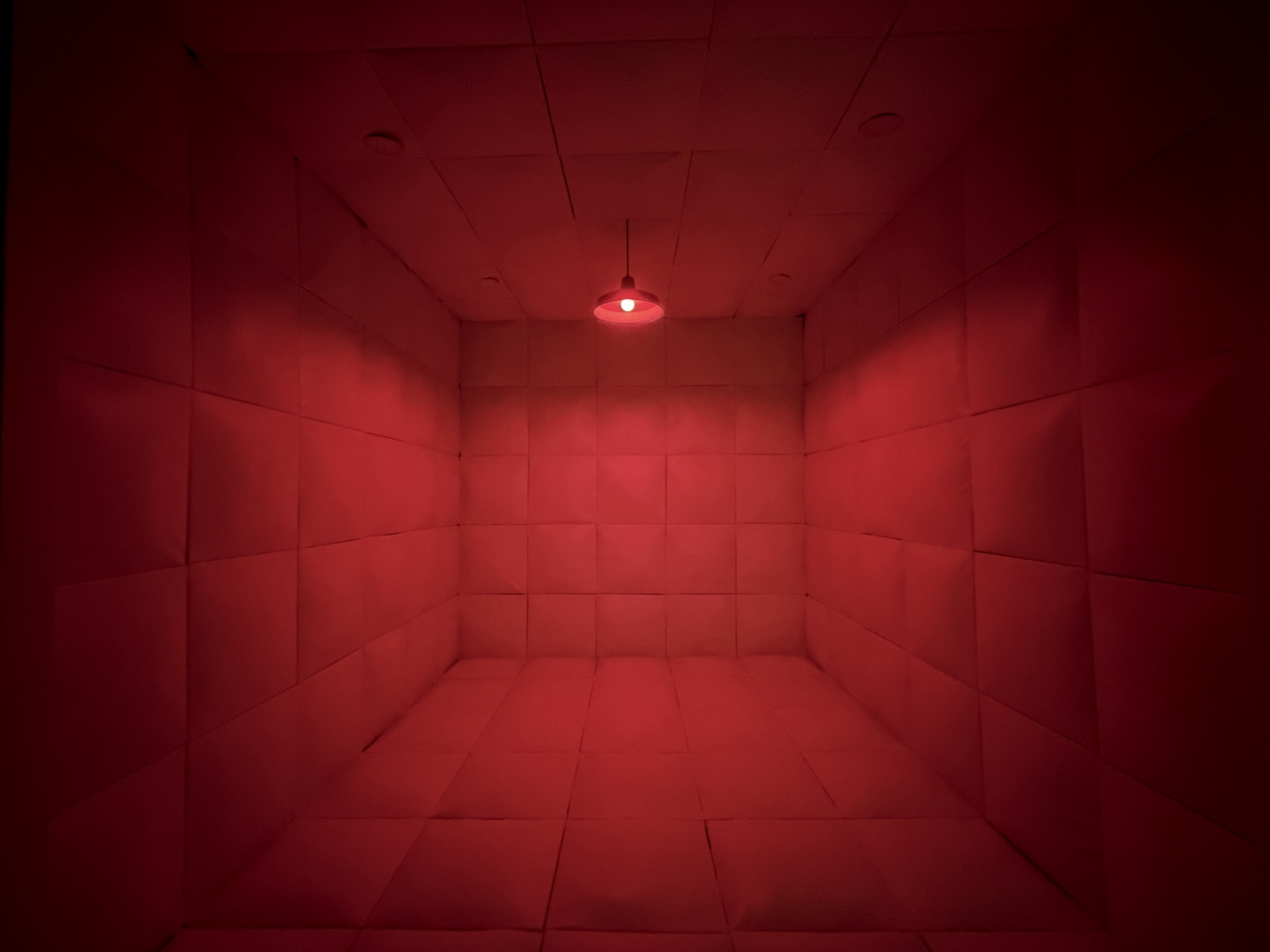 A small room with red walls and a single ceiling light illuminating the space.