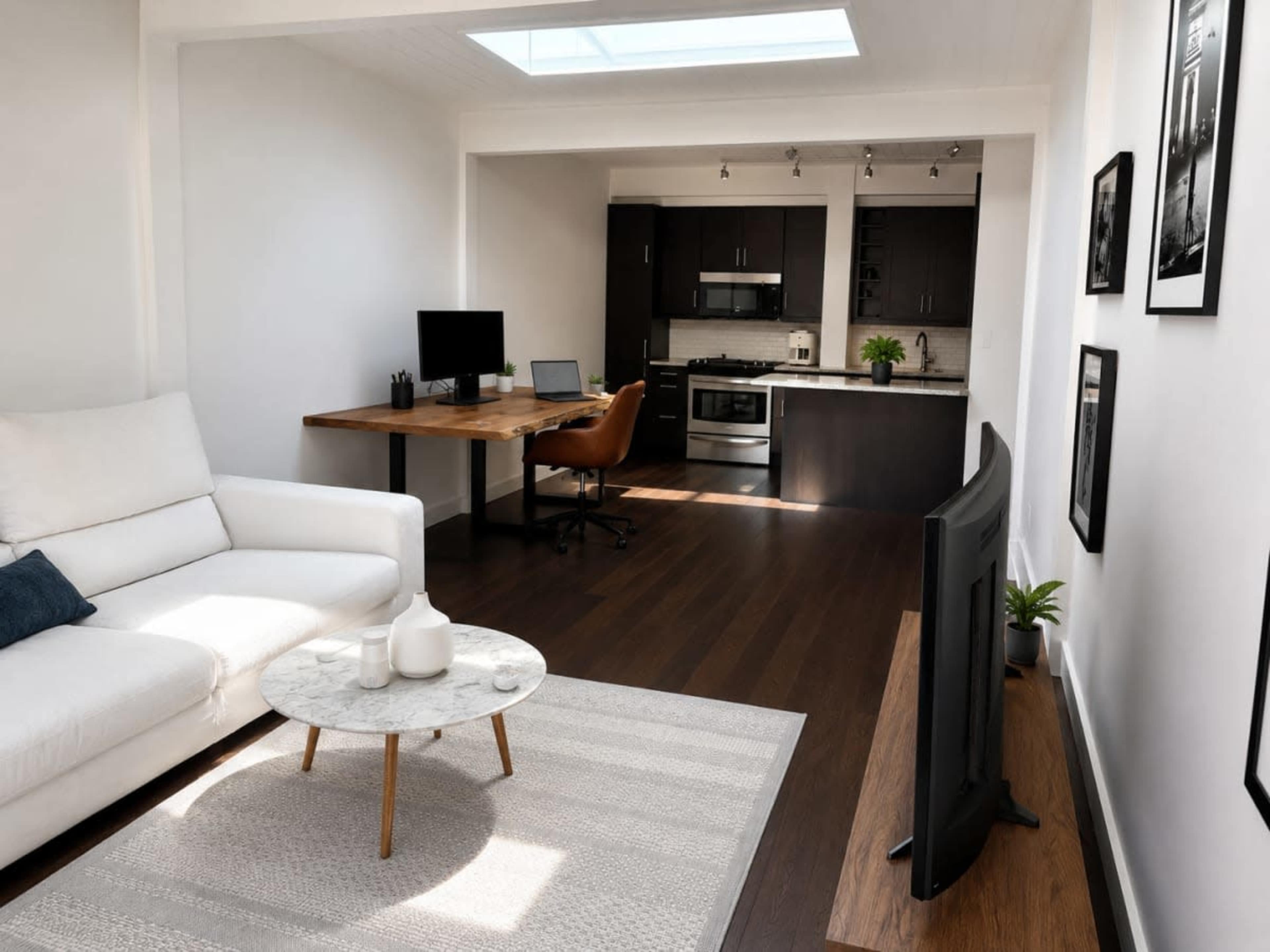 A bright, modern living room features a white sofa, a circular coffee table, and an adjacent kitchen area with dark cabinets and stainless steel appliances.