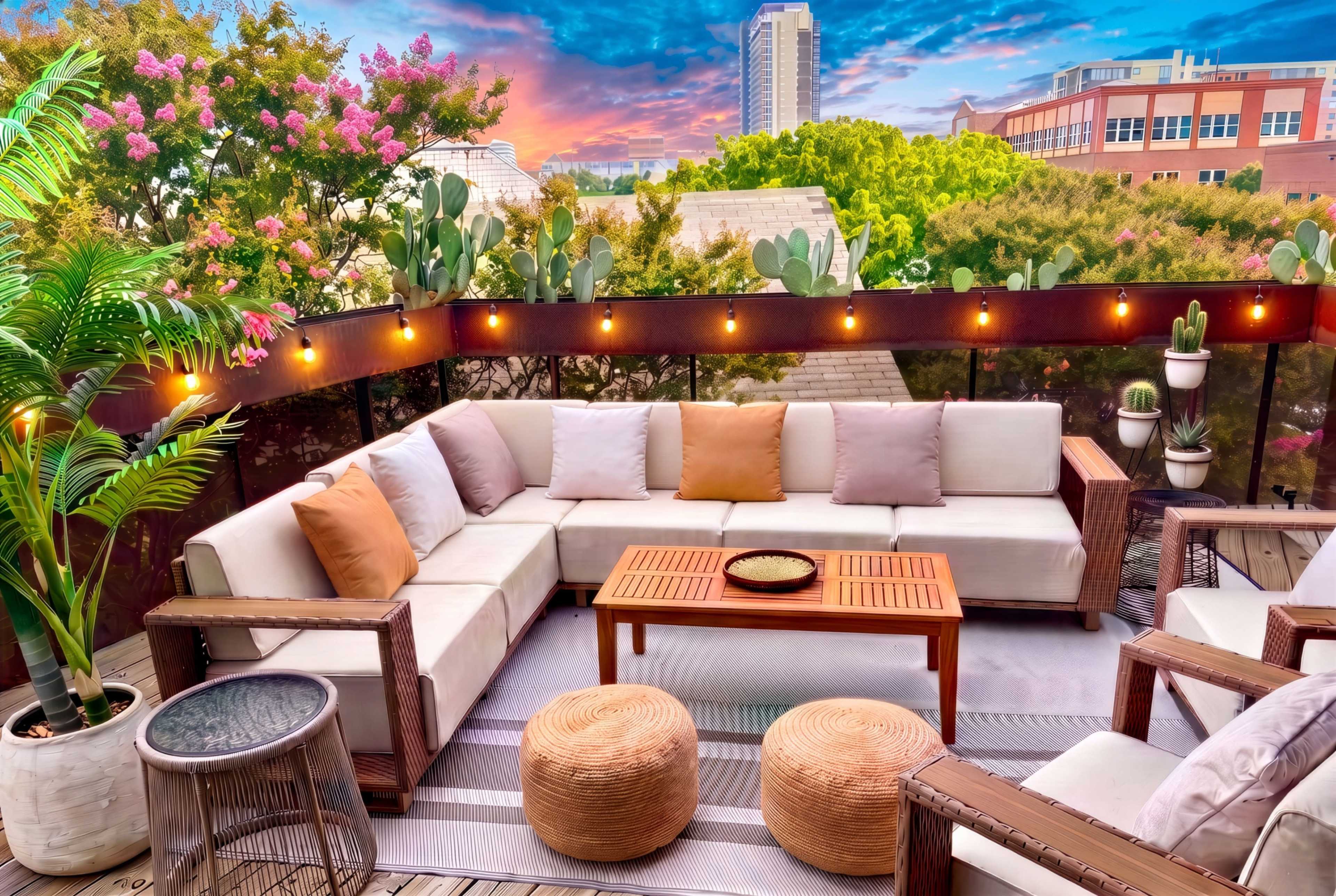 The image depicts a cozy outdoor seating area with a sectional couch, a wooden coffee table, and potted plants, set against a colorful sunset sky.
