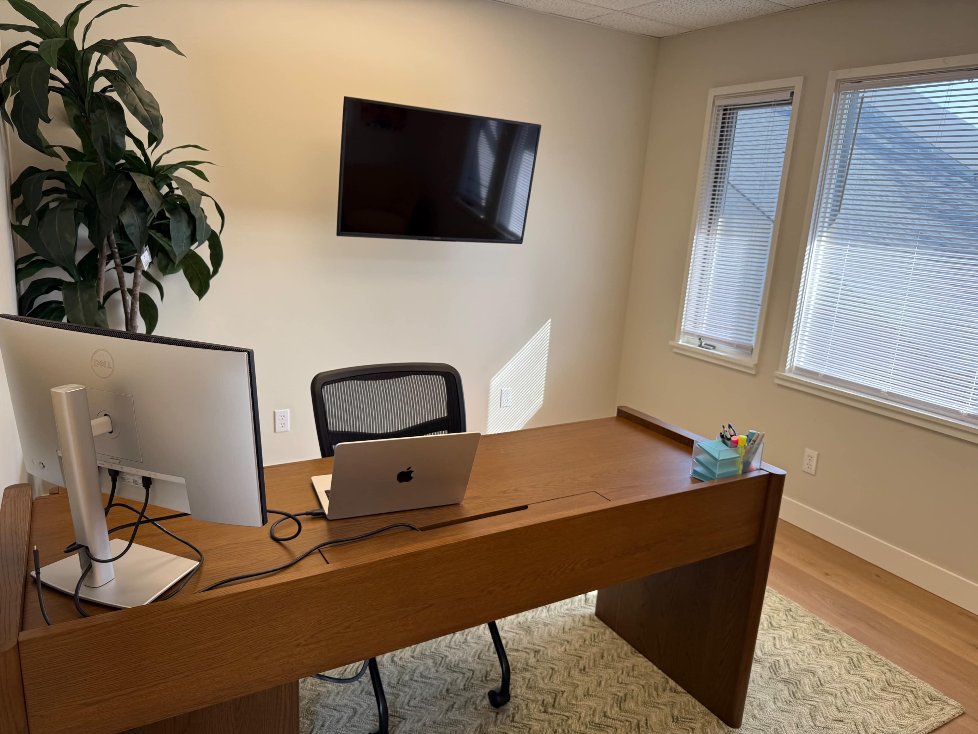 An office with a wooden desk, a computer monitor, an Apple laptop, and a television mounted on the wall, surrounded by large windows and a potted plant.