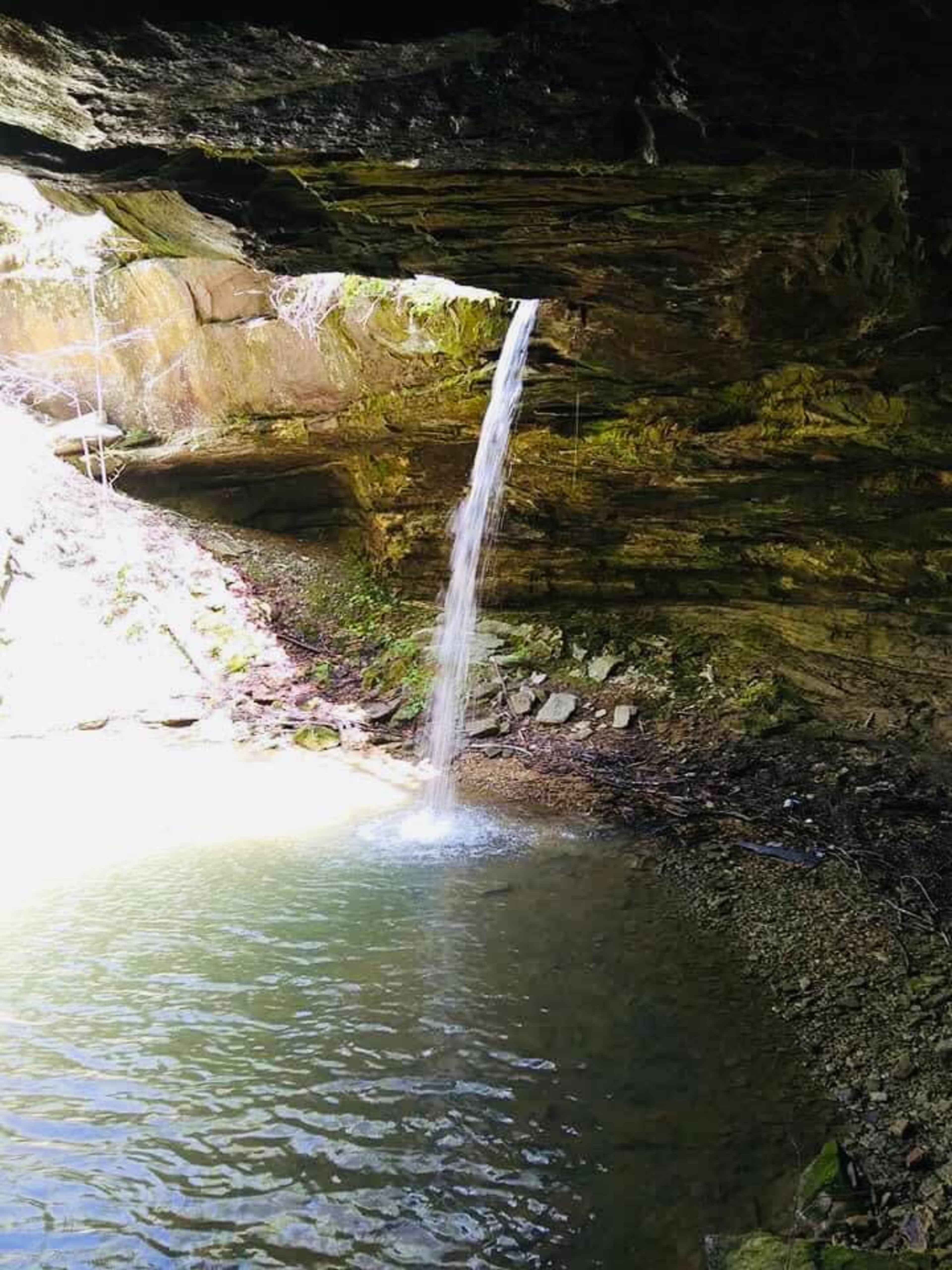 A waterfall flows from a rock opening into a calm, green pool beneath.