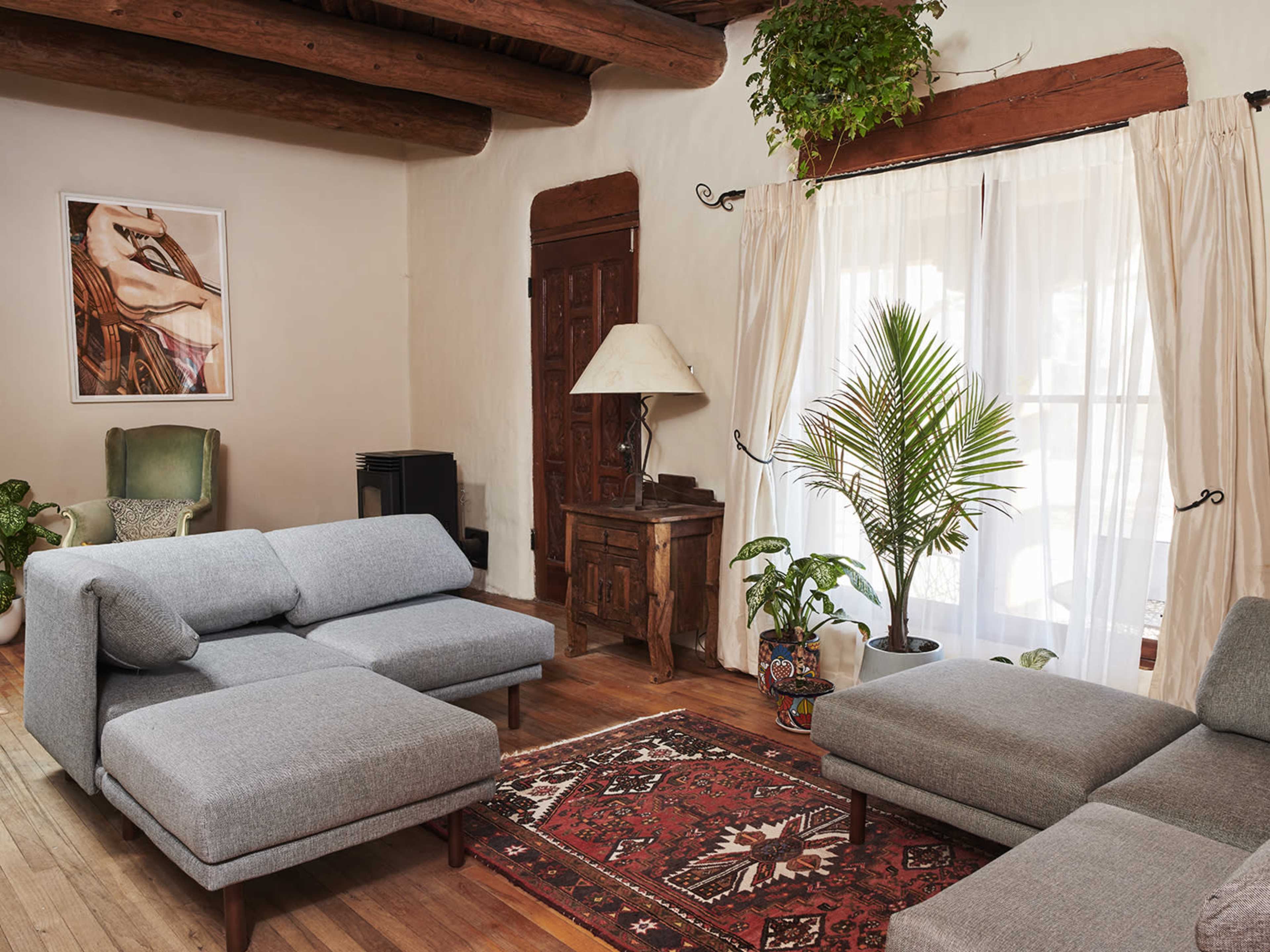 The living room features a gray modular sofa, a wooden coffee table, a potted plant, and large windows covered with sheer curtains.