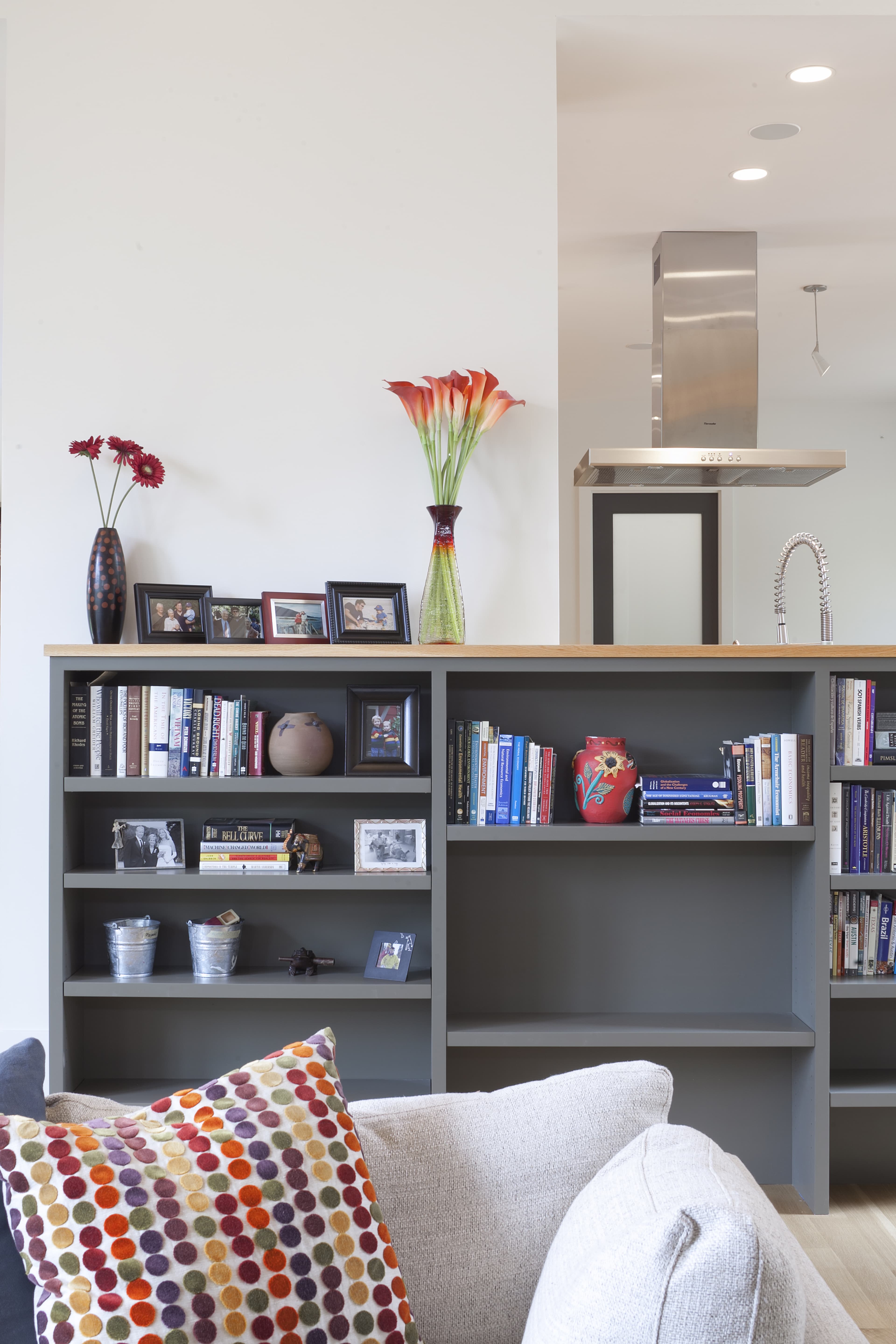 A modern living space features a bookshelf filled with books and decorative items, alongside a kitchen area with a stainless steel hood above a countertop.