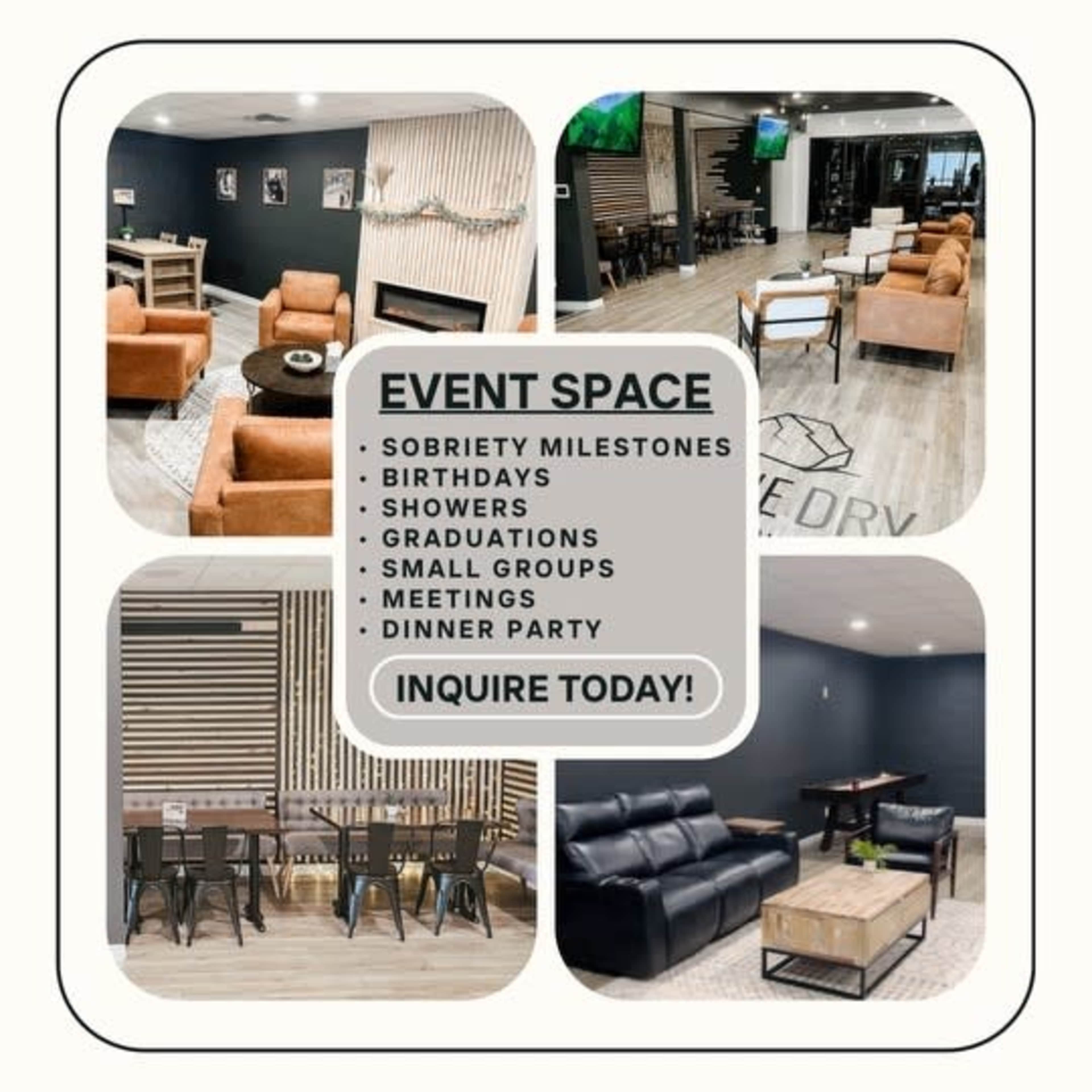 A modern event space featuring seating areas, tables, and a cozy fireplace, suitable for various gatherings such as parties and meetings.