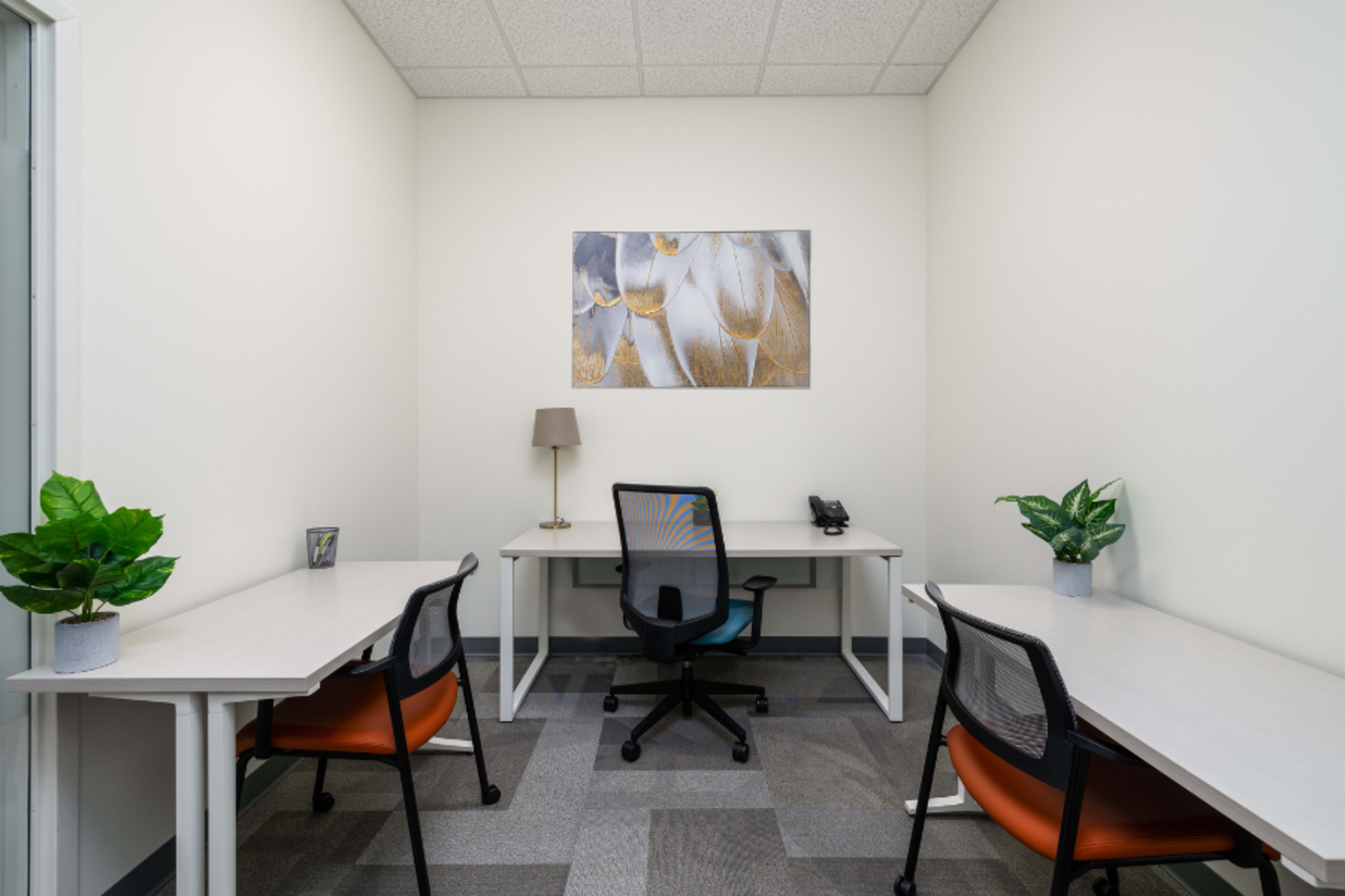 A minimalist office space with two desks, each with a chair and a small plant, separated by a wall and featuring a piece of art on the back wall.