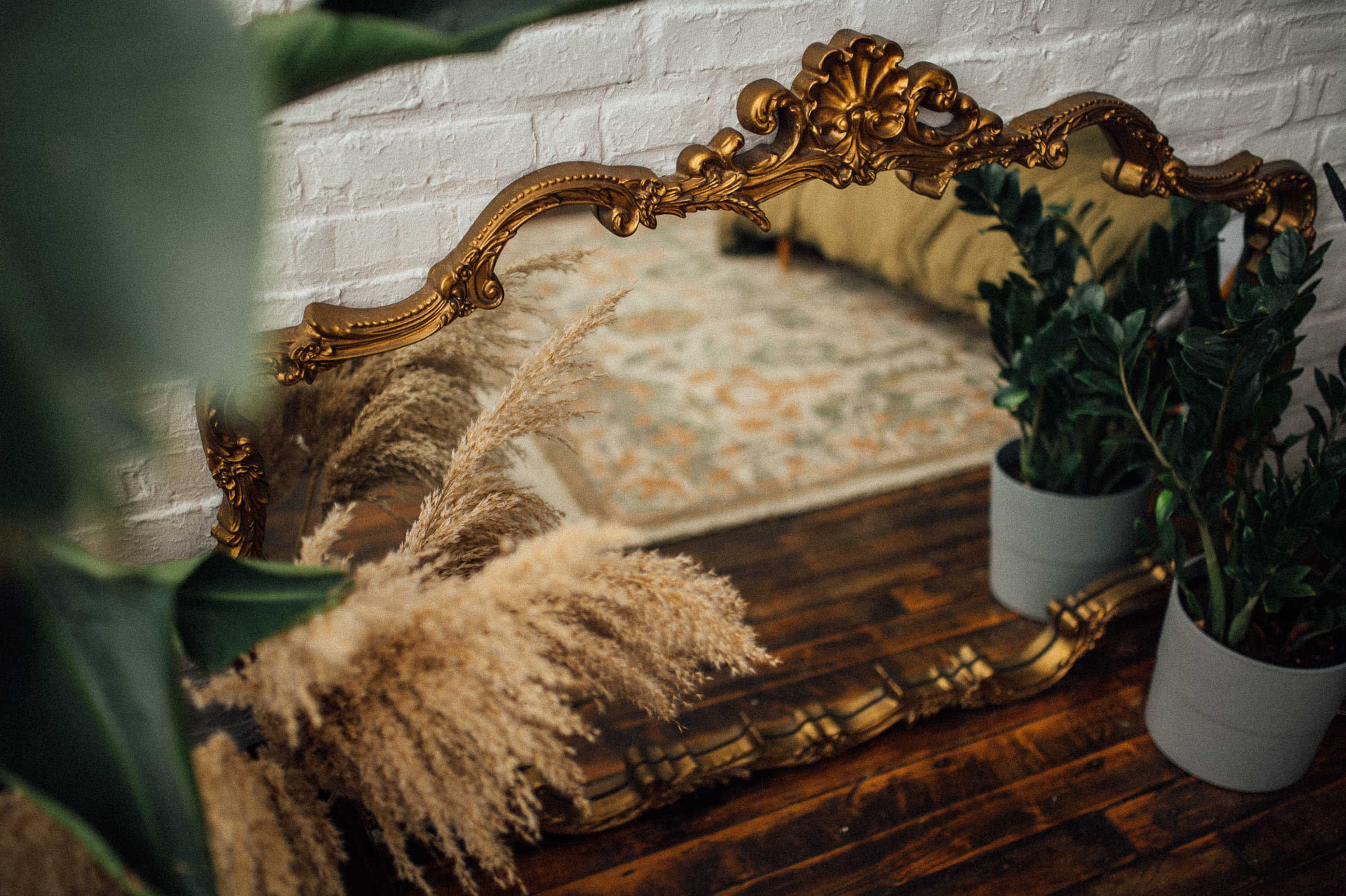 A vintage golden mirror reflects a decorative carpet and potted plants in a room with wooden flooring.