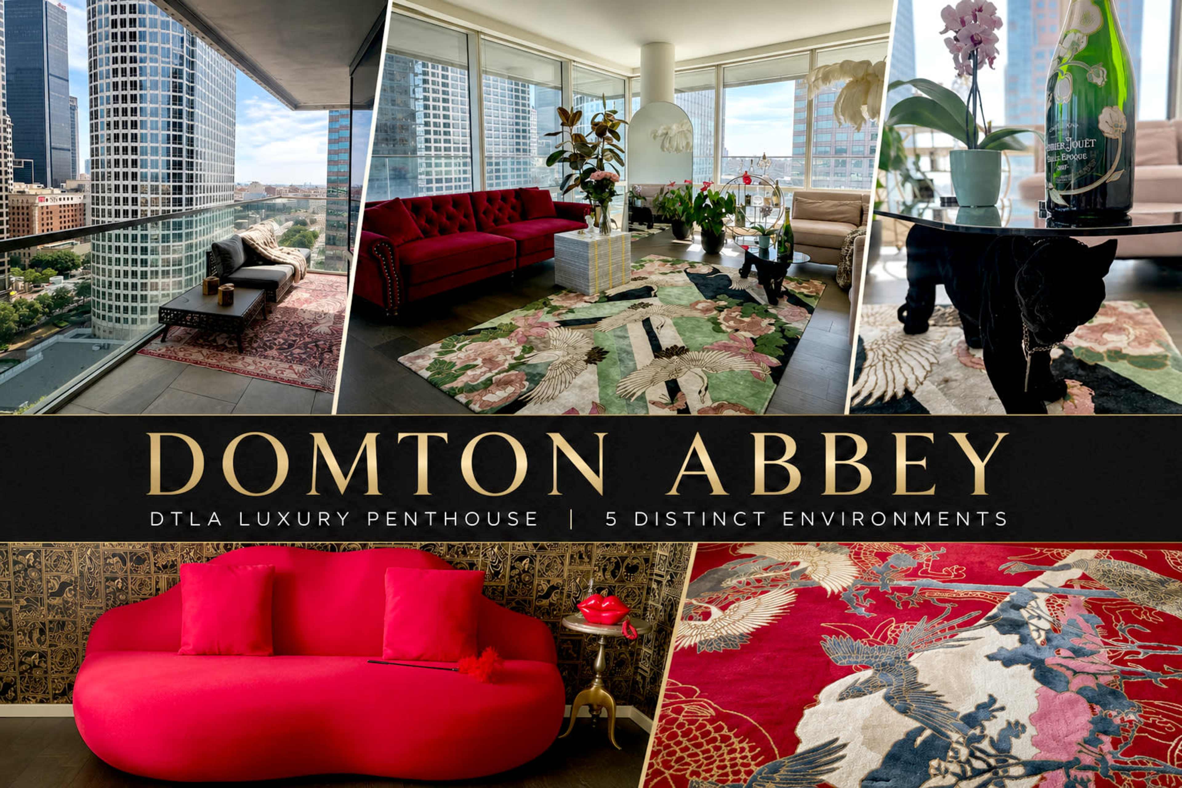 The image showcases a luxury penthouse in downtown Los Angeles, featuring a modern living space with large windows, elegant furnishings, and distinct design elements throughout.