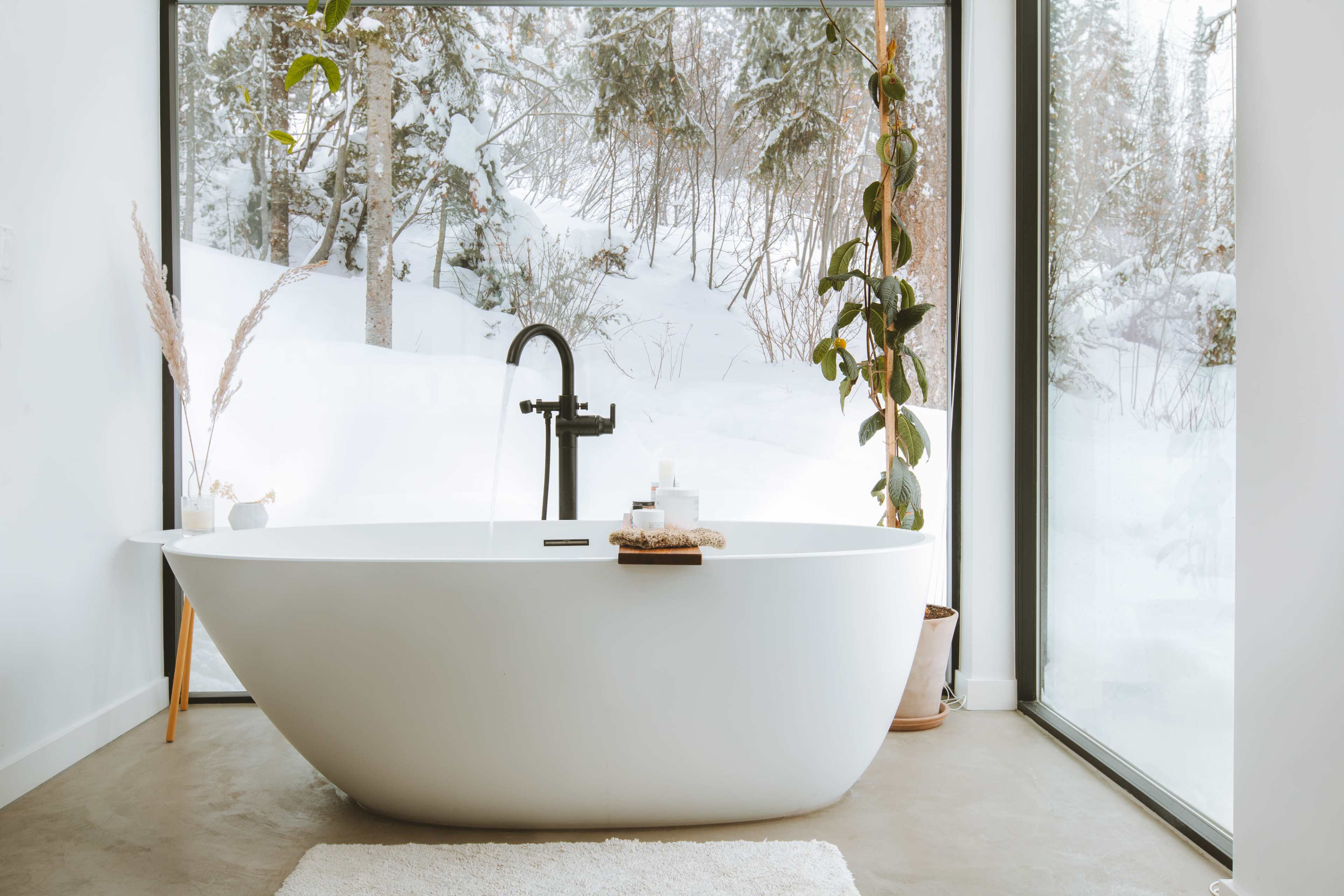 A freestanding bathtub is positioned near a large window overlooking a snowy landscape, with a potted plant beside it.
