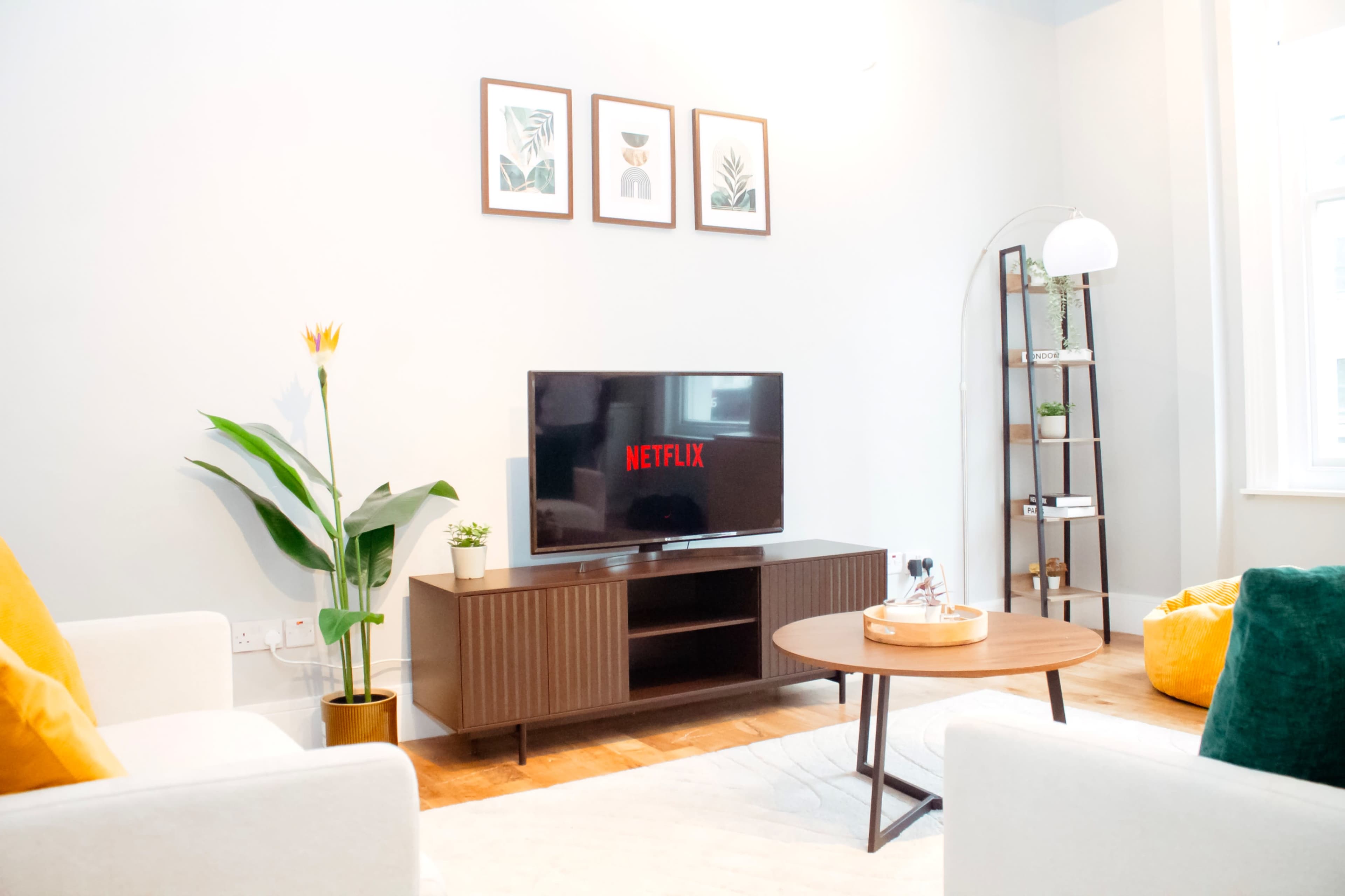 The living room features a television displaying the Netflix logo, surrounded by a coffee table, indoor plants, and framed artwork on the walls.